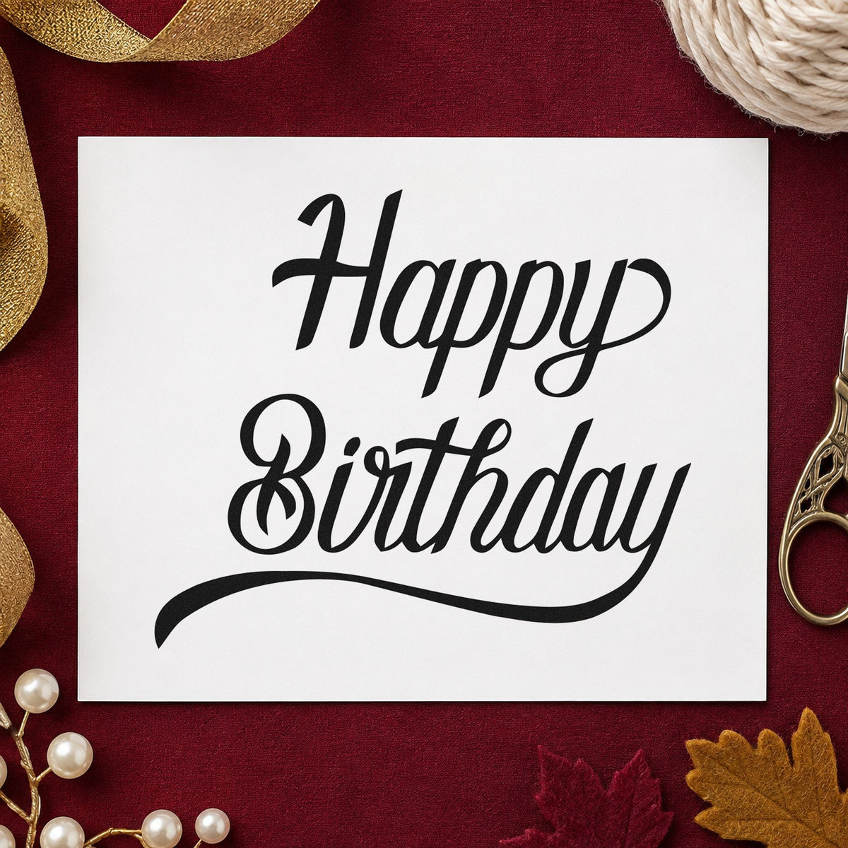 Happy Birthday Long Underline craft stamp imprint in black ink on a handmade project, one idea being design pack tags.