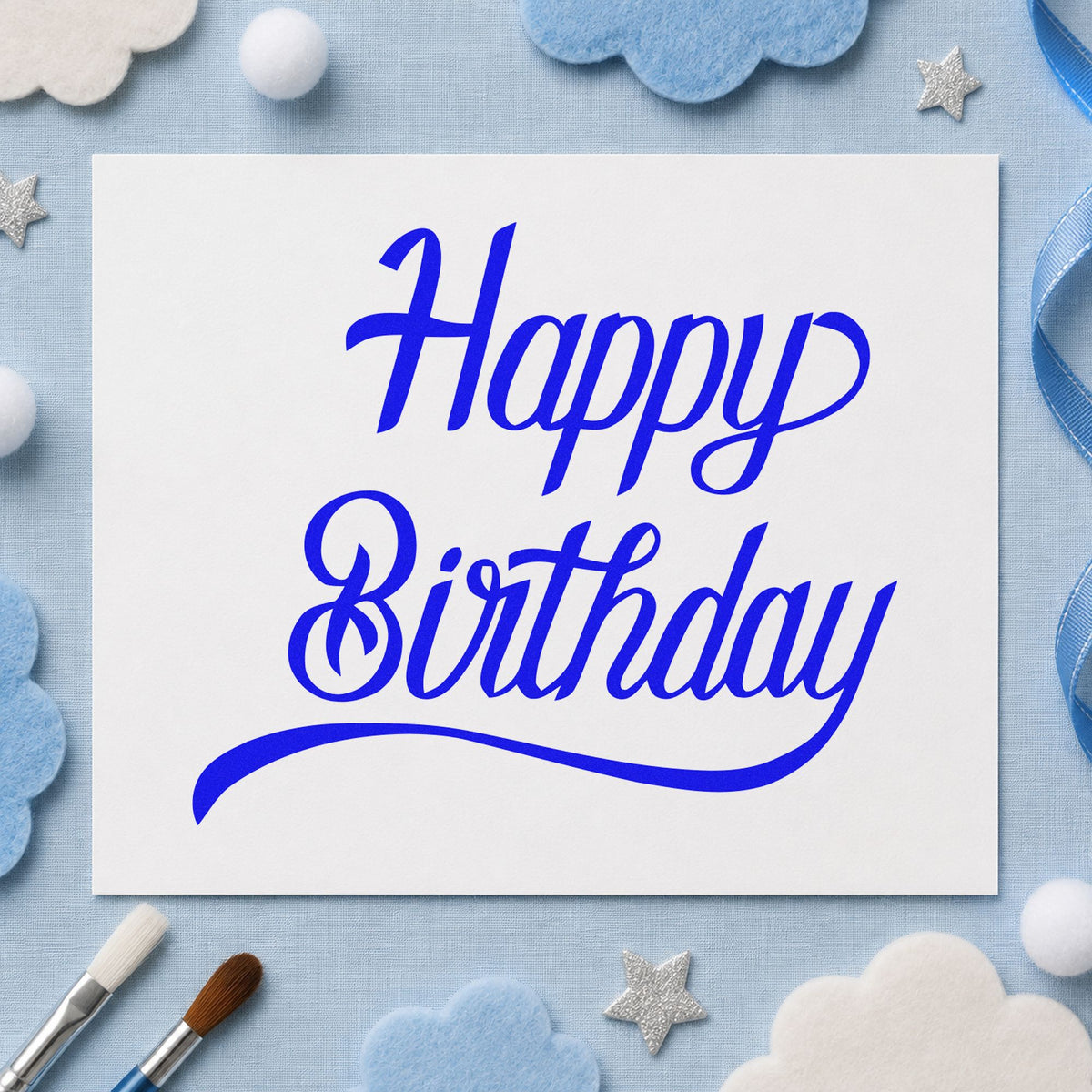Happy Birthday Long Underline craft stamp in blue ink on cardstock, an easy option for press apron printing.