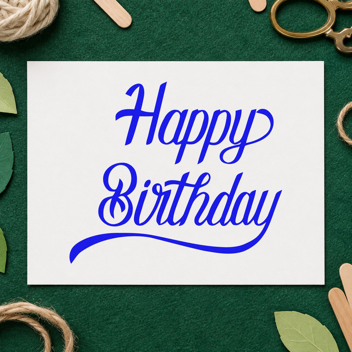 Happy Birthday Long Underline craft stamp imprinted in blue ink on paper, a design suited to framed press room.