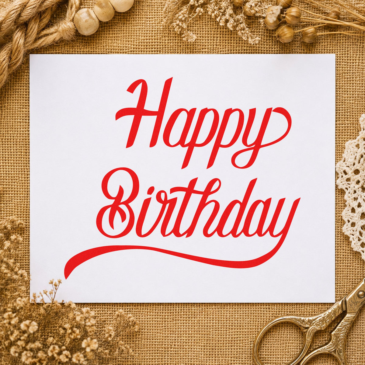 Happy Birthday Long Underline rubber stamp shown in red ink, stamped for projects such as drawer type labels.