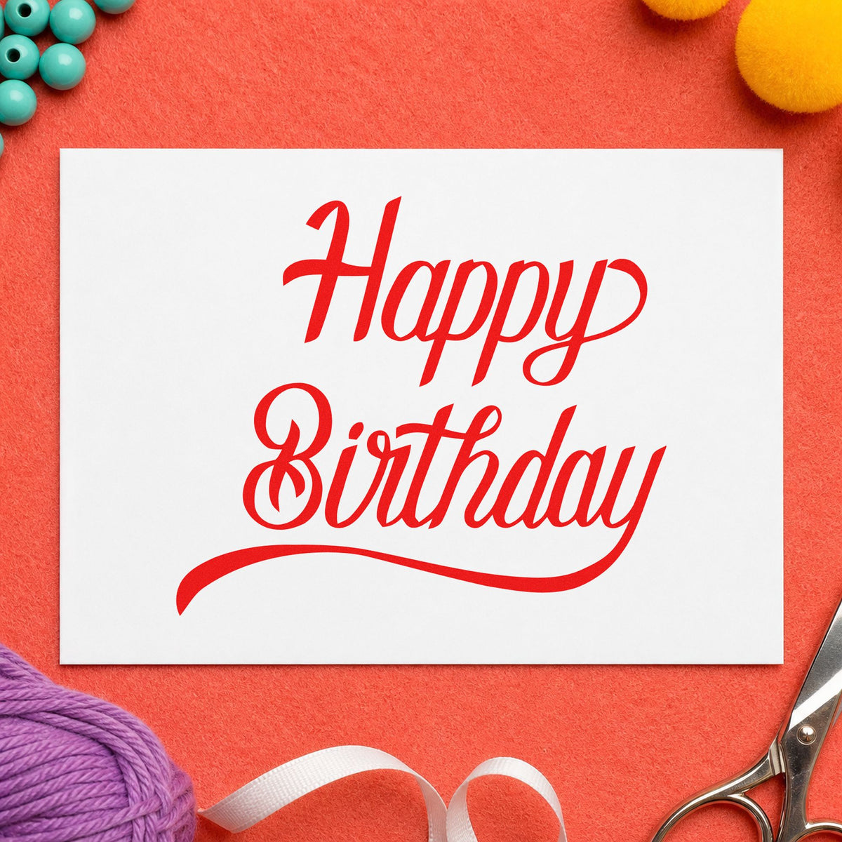 Happy Birthday Long Underline craft stamp imprint in red ink on a handmade project, one idea being proof sheet cards.