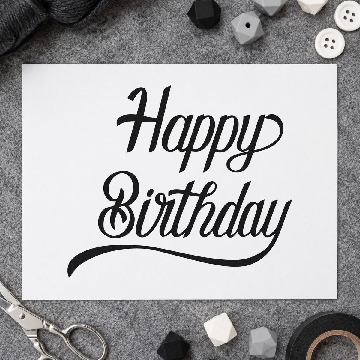 Happy Birthday Long Underline rubber stamp printed in black ink, ready for sweeping underline cards and similar paper crafts.