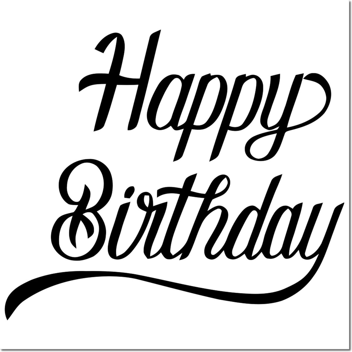 Happy Birthday rubber stamp design with elegant script lettering for birthday cards and crafts