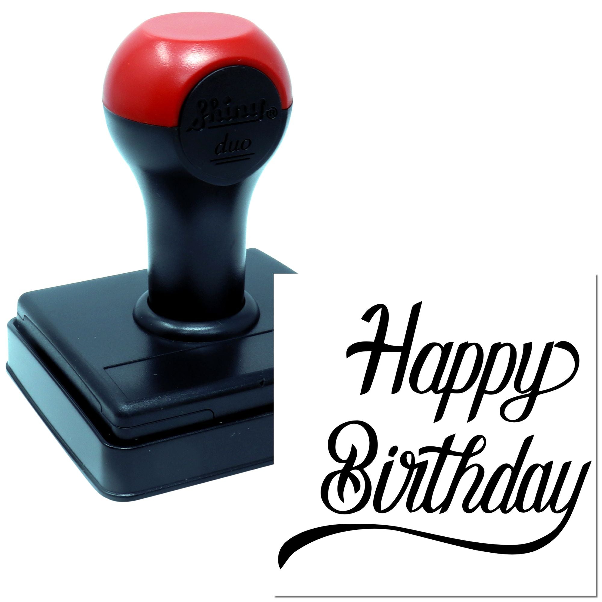 Happy Birthday rubber stamp with self-inking handle for cards, crafts, and birthday invitations.