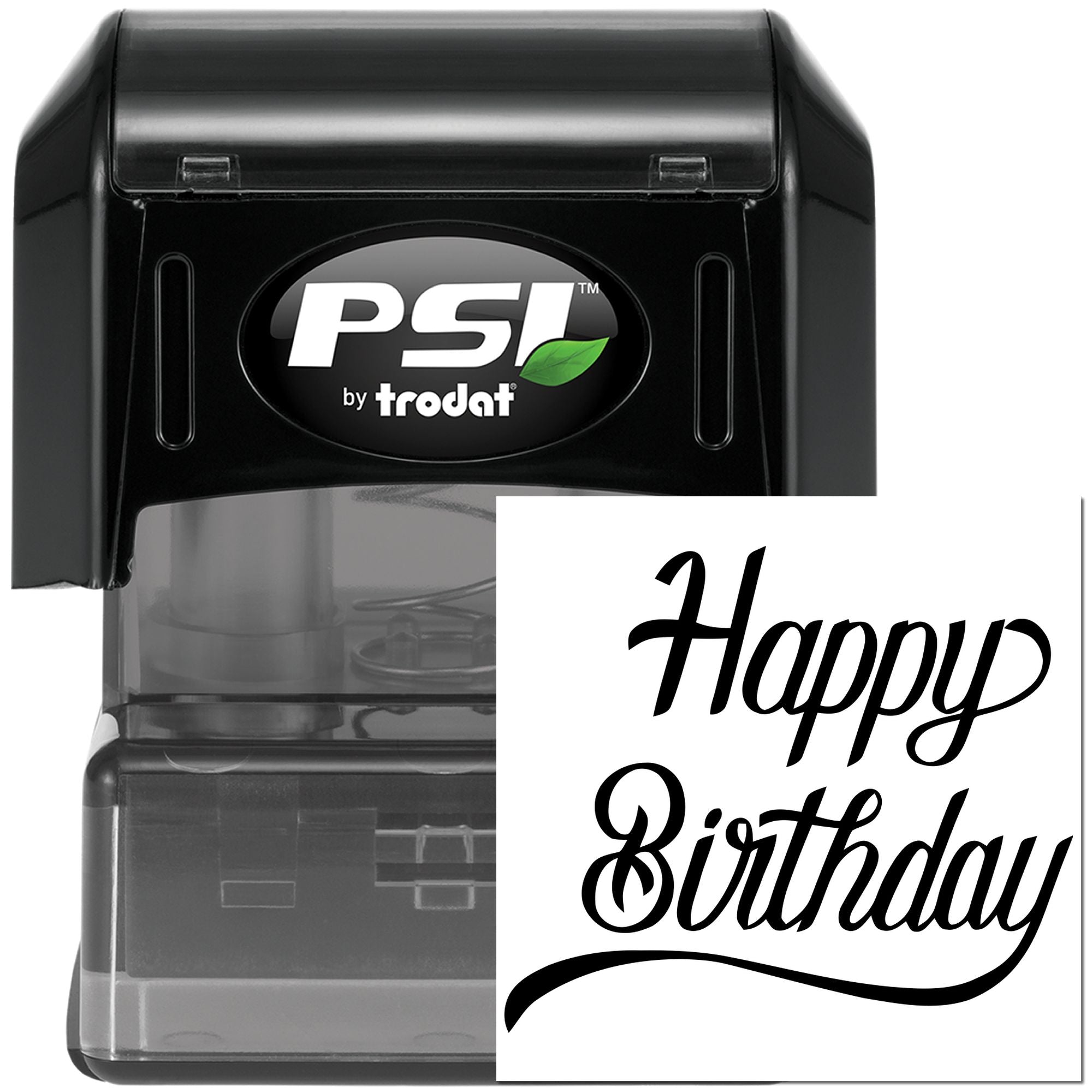 PSI by Trodat self-inking rubber stamp with custom Happy Birthday message for greeting cards and gift packaging.