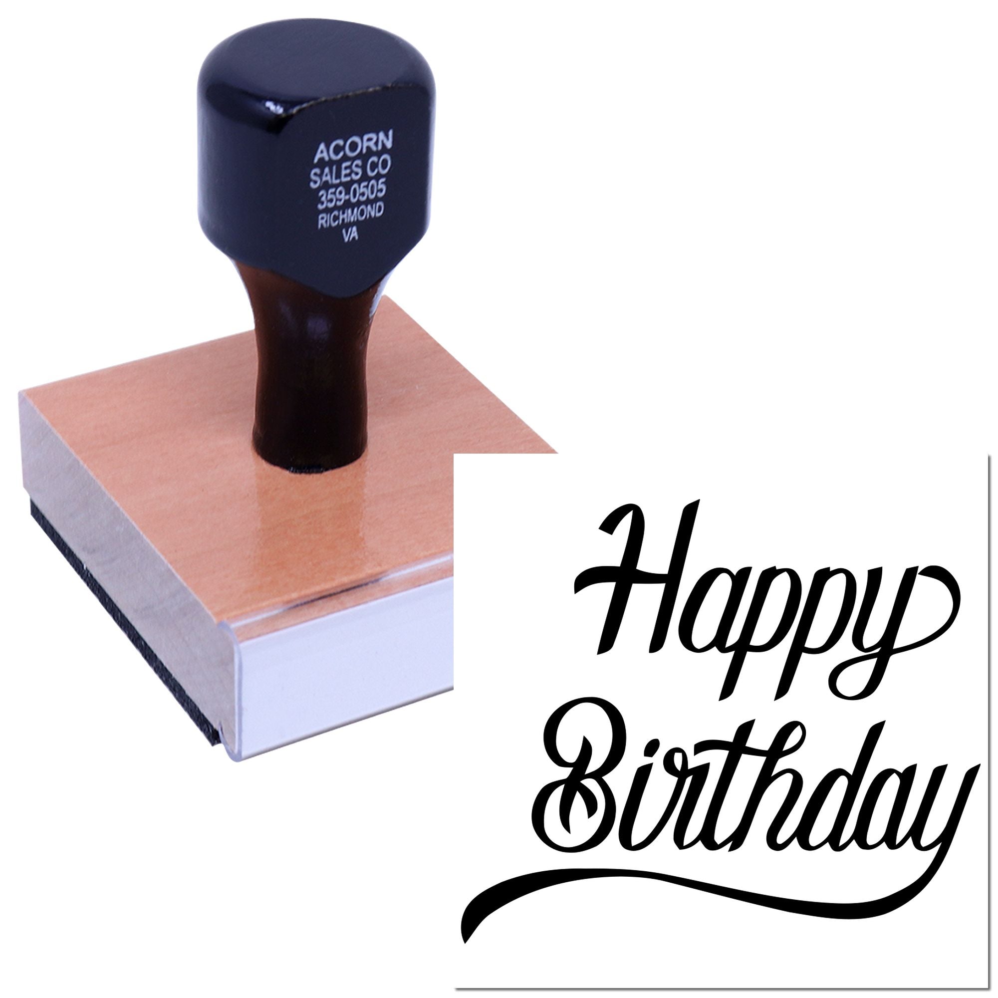 Custom Happy Birthday rubber stamp for personalized greeting cards and invitations, featuring elegant script text.