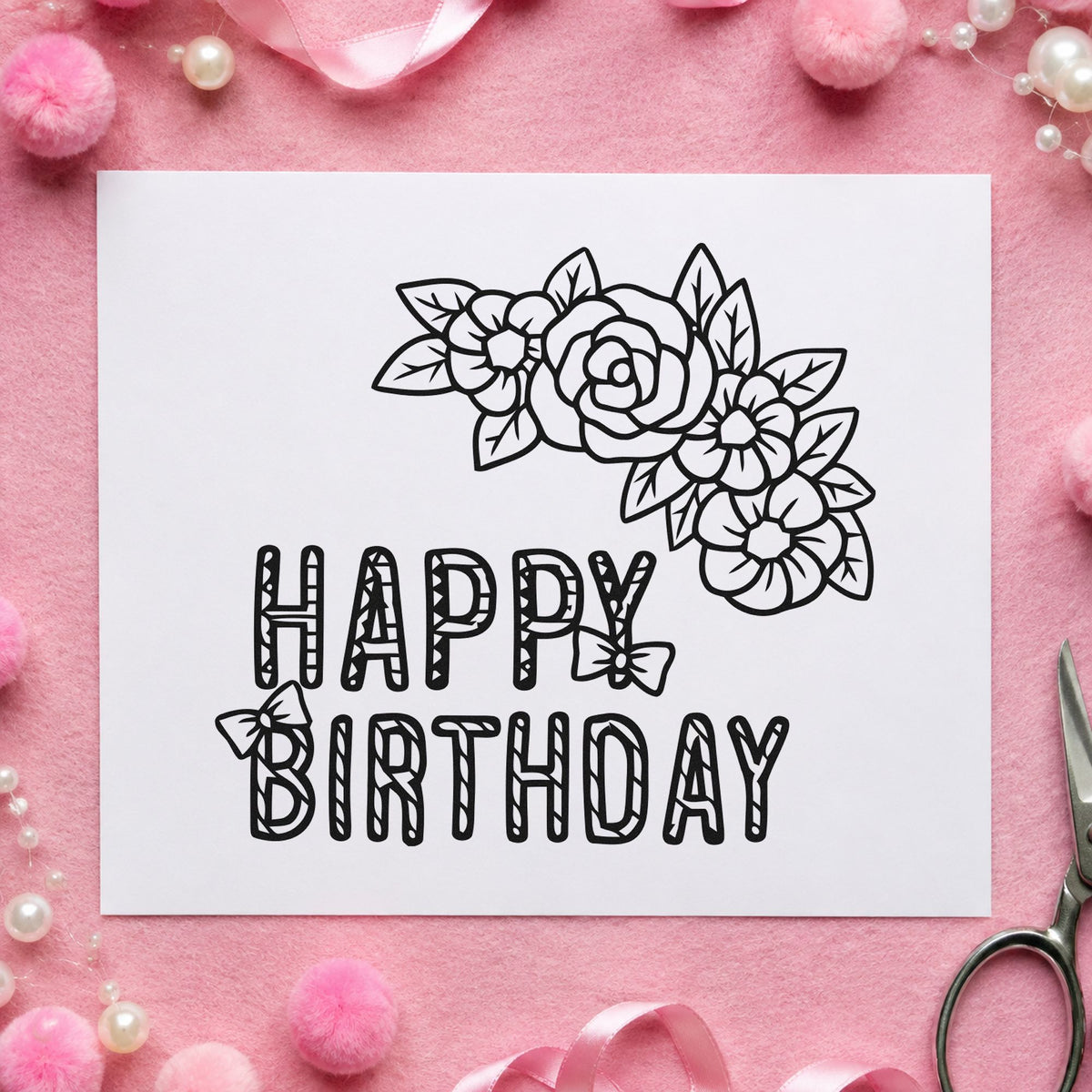 Floral Happy Birthday Butterflies craft stamp in black ink on cardstock, an easy option for garden day album page.