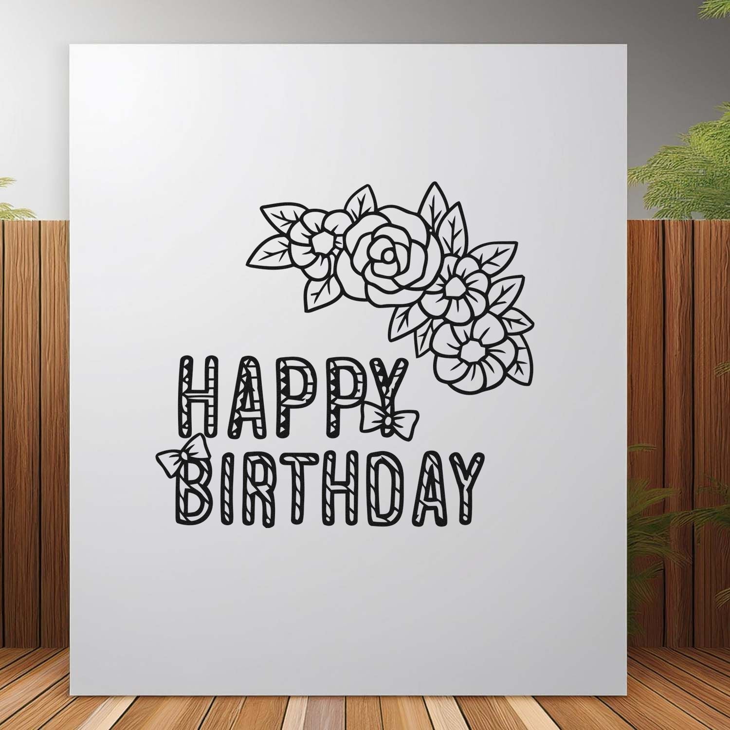 Happy Birthday floral rubber stamp design with bold lettering and flower accents for handmade birthday cards and crafts.