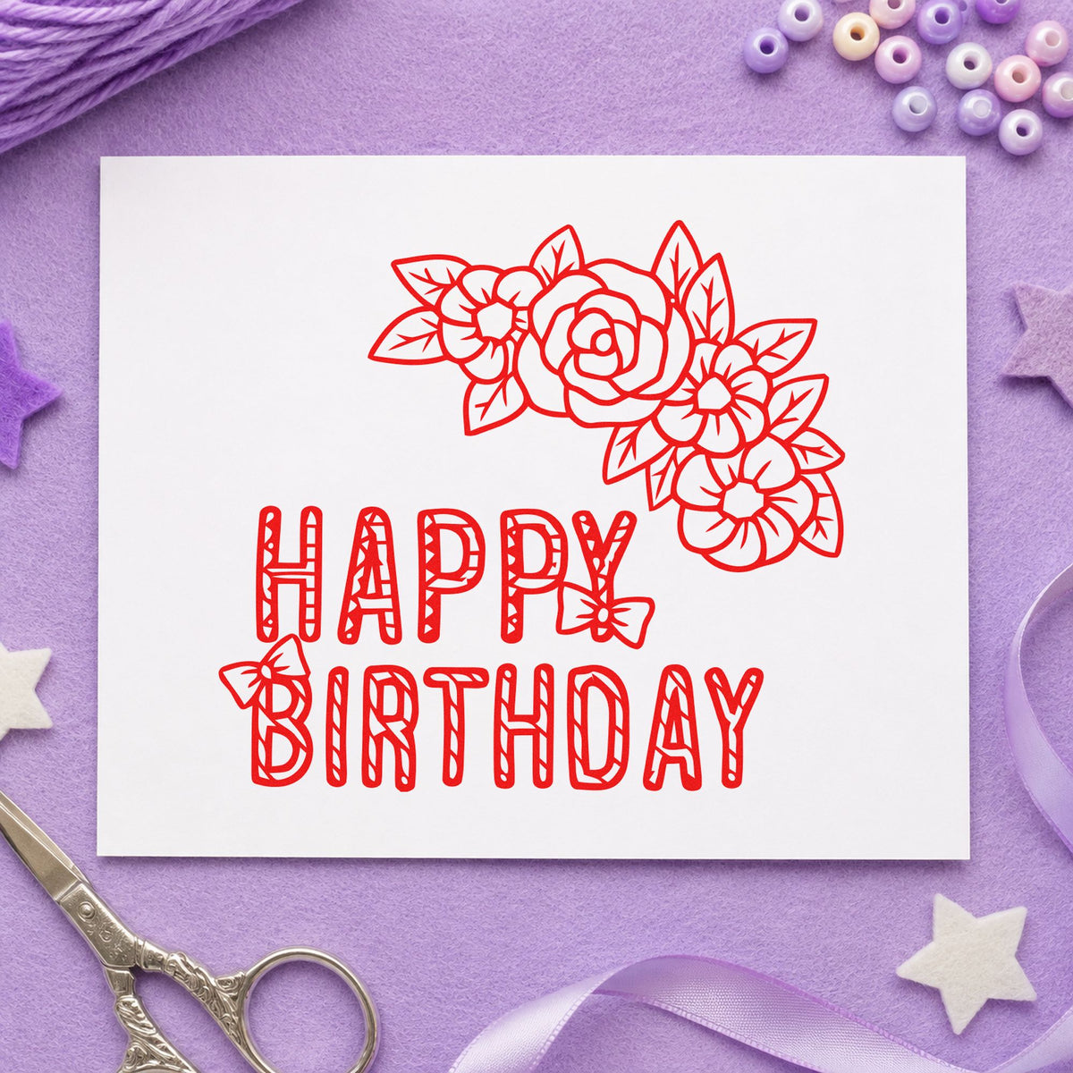 Floral Happy Birthday Butterflies rubber stamp shown in red ink, stamped for projects such as bin visit labels.