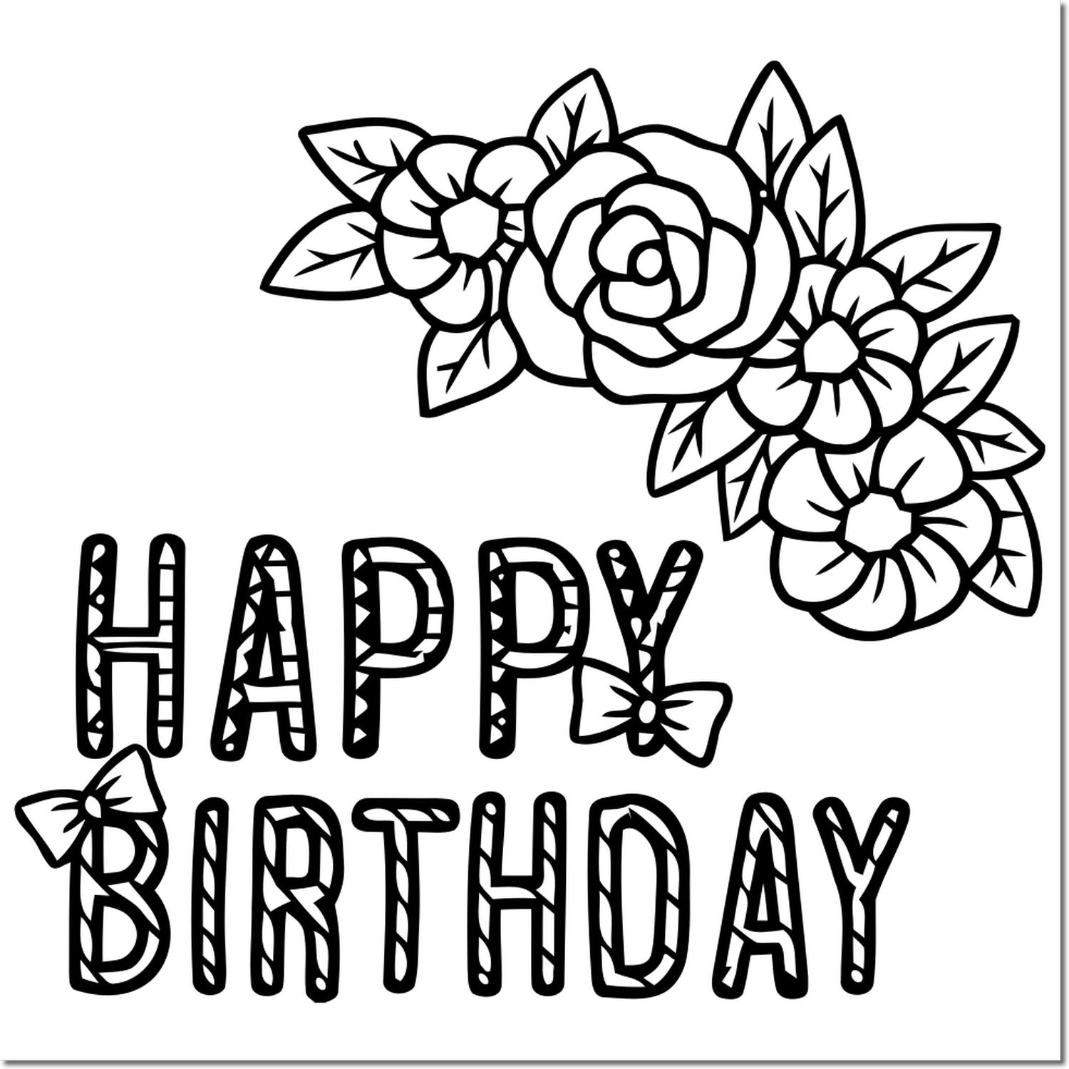 Floral Happy Birthday rubber stamp design with decorative flowers and bold lettering for handmade birthday cards and crafts.