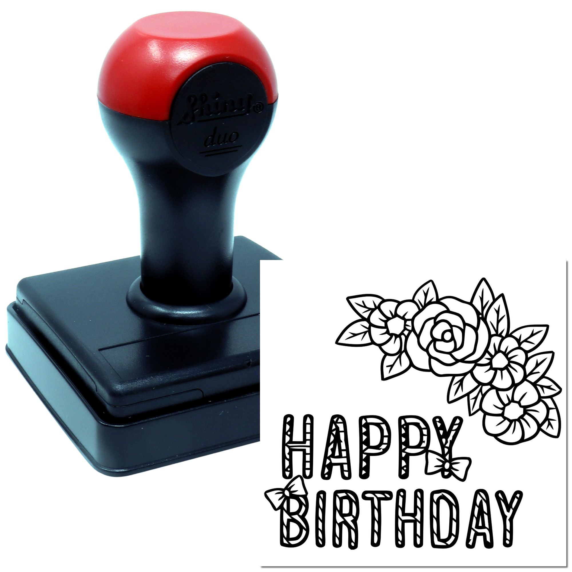 Self-inking rubber stamp with floral Happy Birthday design for custom birthday cards, invitations, and packaging.