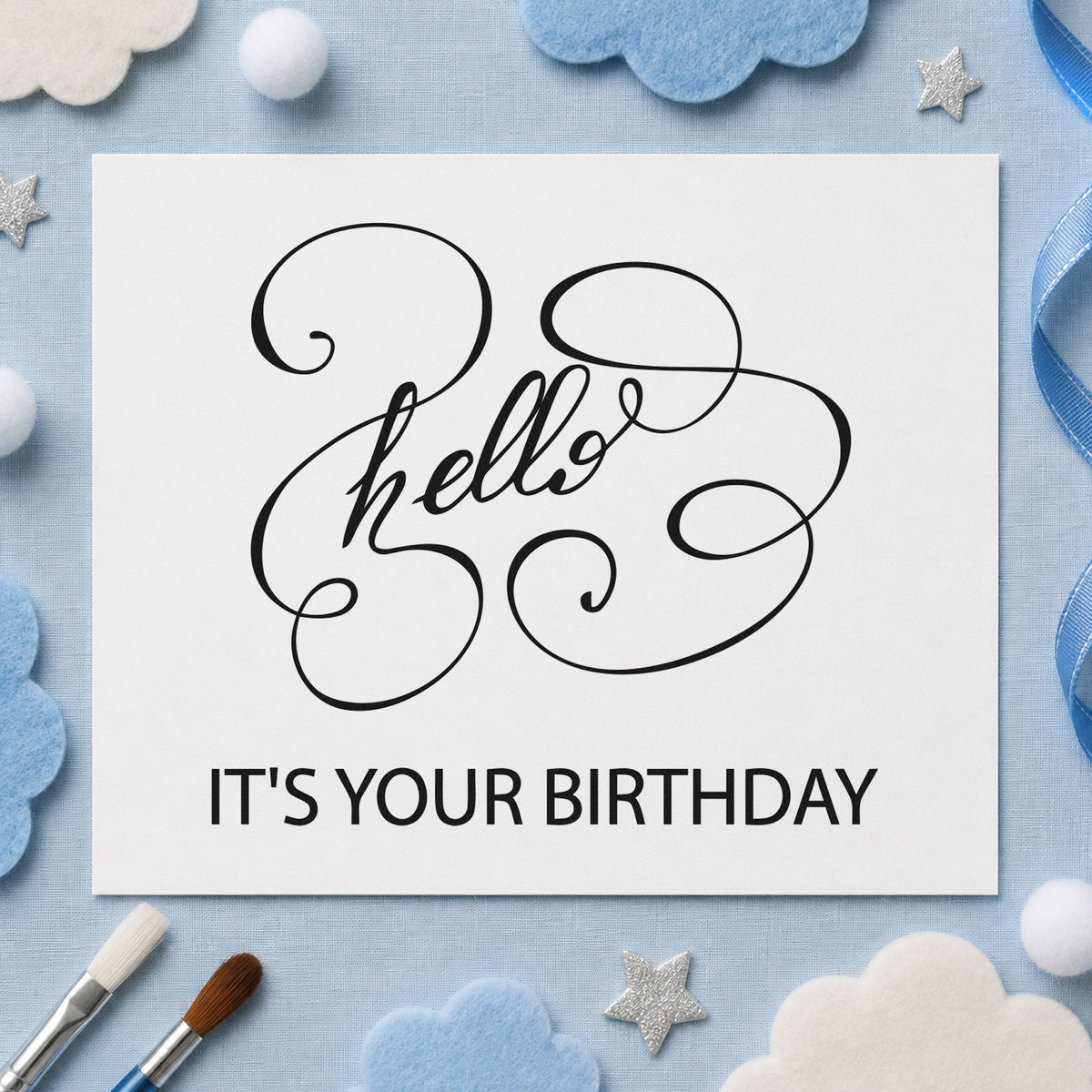 Hello Your Birthday Swirls craft stamp imprint in black ink on a handmade project, one idea being prize pack gift tags.