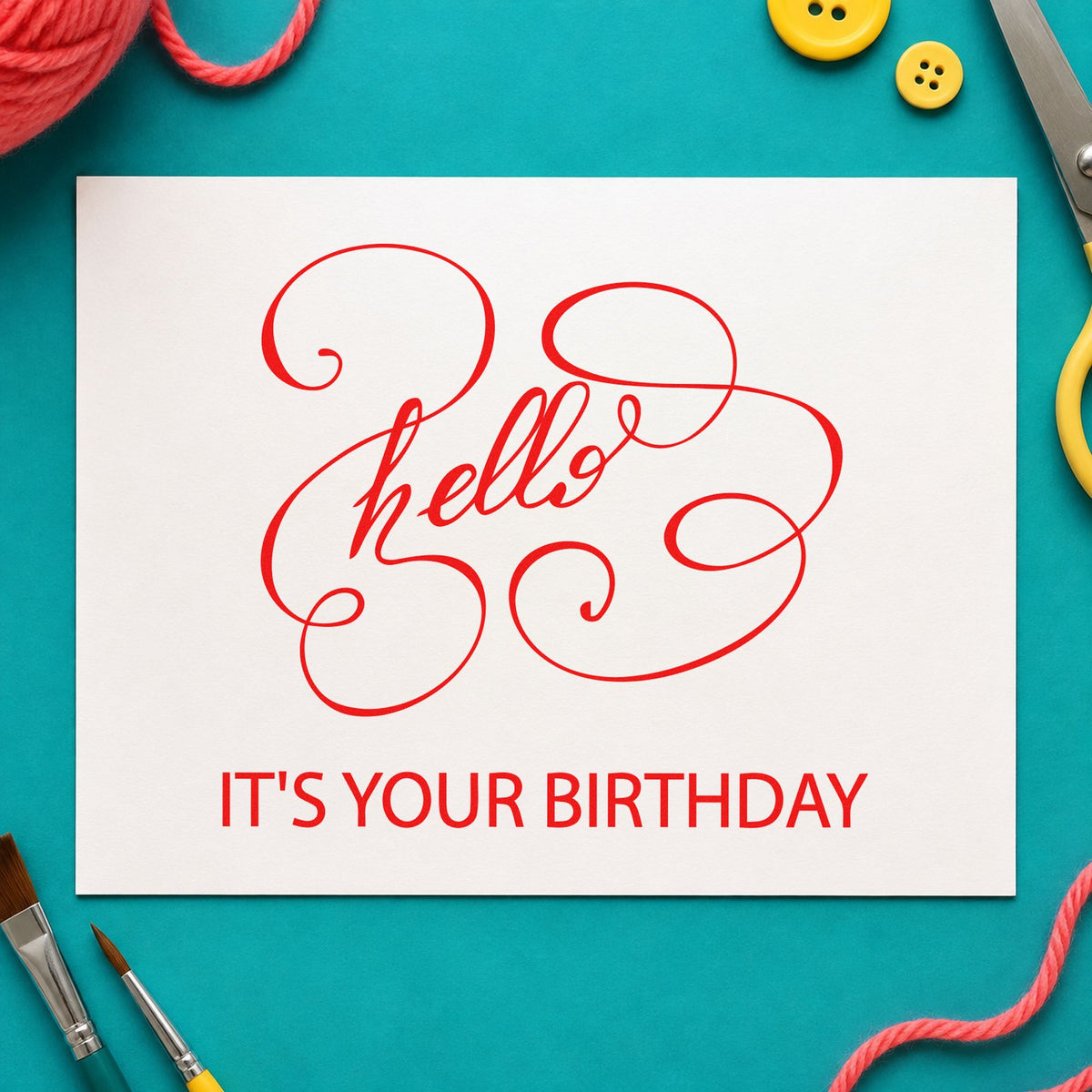 Hello Your Birthday Swirls rubber stamp shown in red ink, stamped for projects such as bin request labels.
