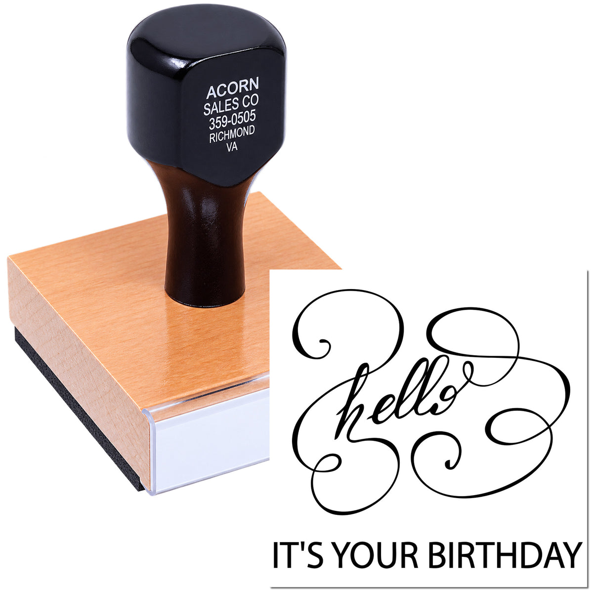 Wood-mounted birthday rubber stamp with decorative hello design for handmade cards, invitations, and party crafts.