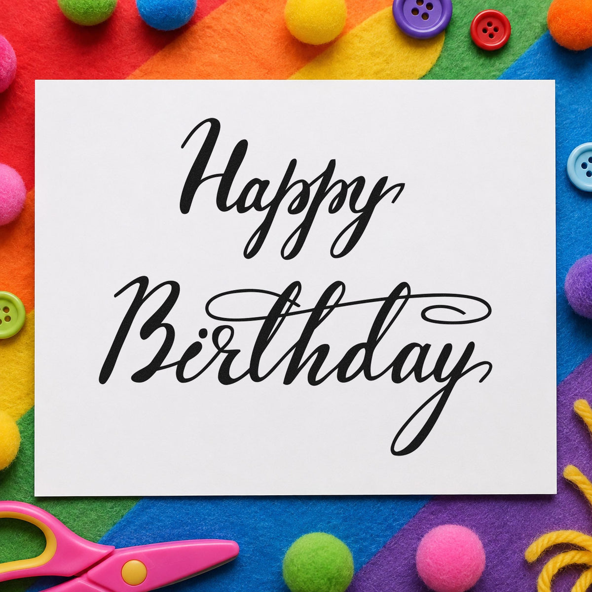 Happy Birthday Elegant Flourish craft stamp imprint in black ink on a handmade project, one idea being place favor gift tags.