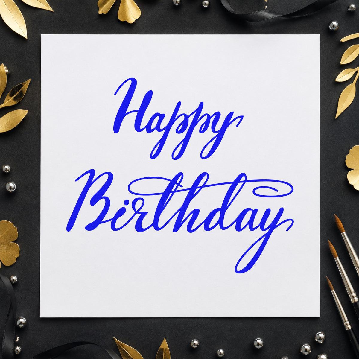 Happy Birthday Elegant Flourish craft stamp imprinted in blue ink on paper, a design suited to framed entry hall.