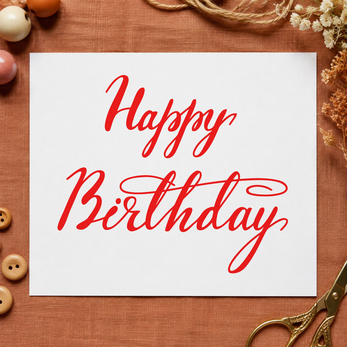 Happy Birthday Elegant Flourish craft stamp imprint in red ink on a handmade project, one idea being place card notes.