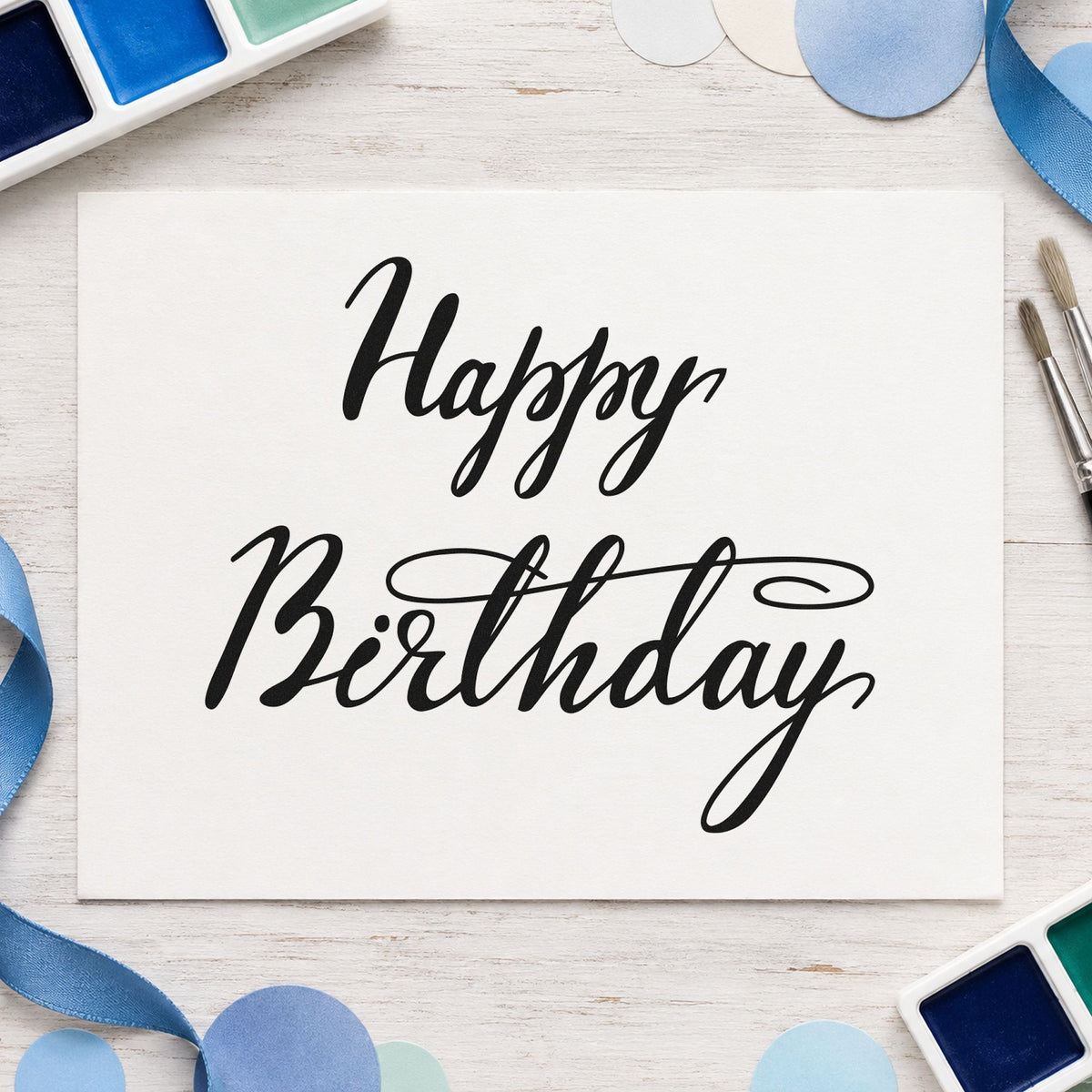 Happy Birthday Elegant Flourish rubber stamp printed in black ink, ready for horizontal flourish cards and similar paper crafts.