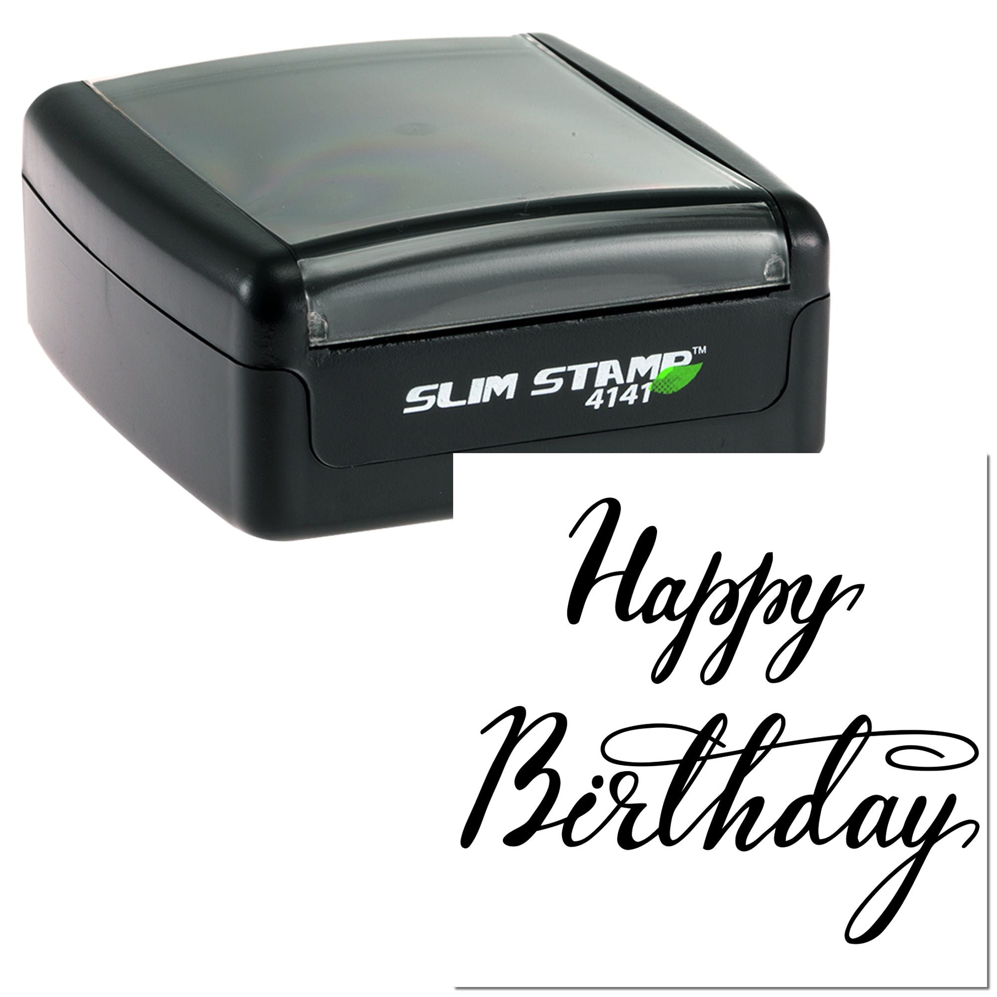 Slim self-inking rubber stamp with custom Happy Birthday imprint for personalized birthday cards and packaging.