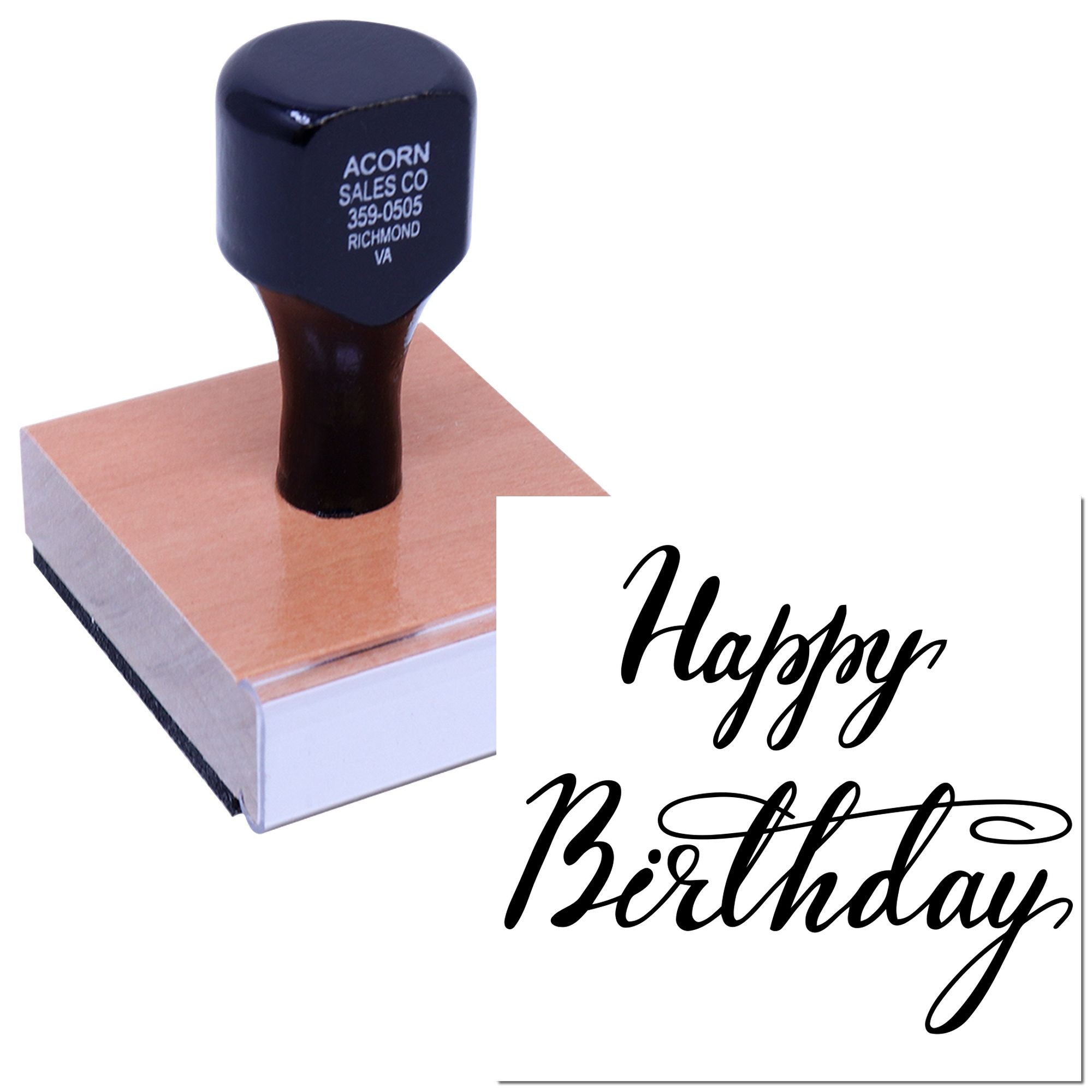 Custom Happy Birthday rubber stamp for greeting cards, invitations, and handmade craft projects.