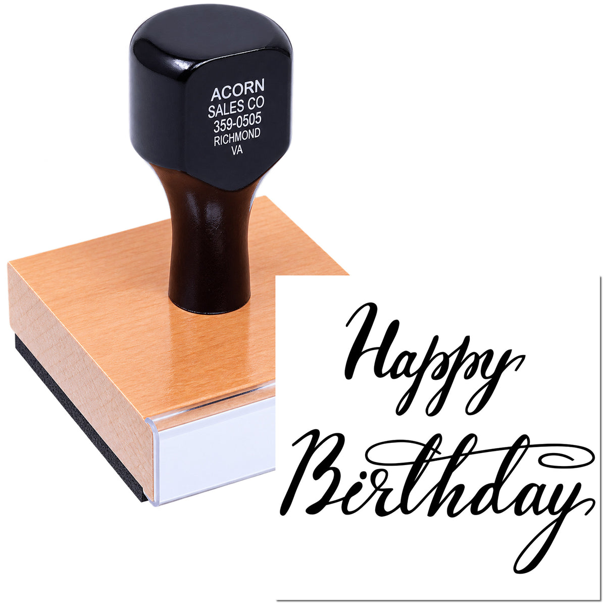 Custom Happy Birthday rubber stamp for greeting cards, invitations, and handmade craft projects.