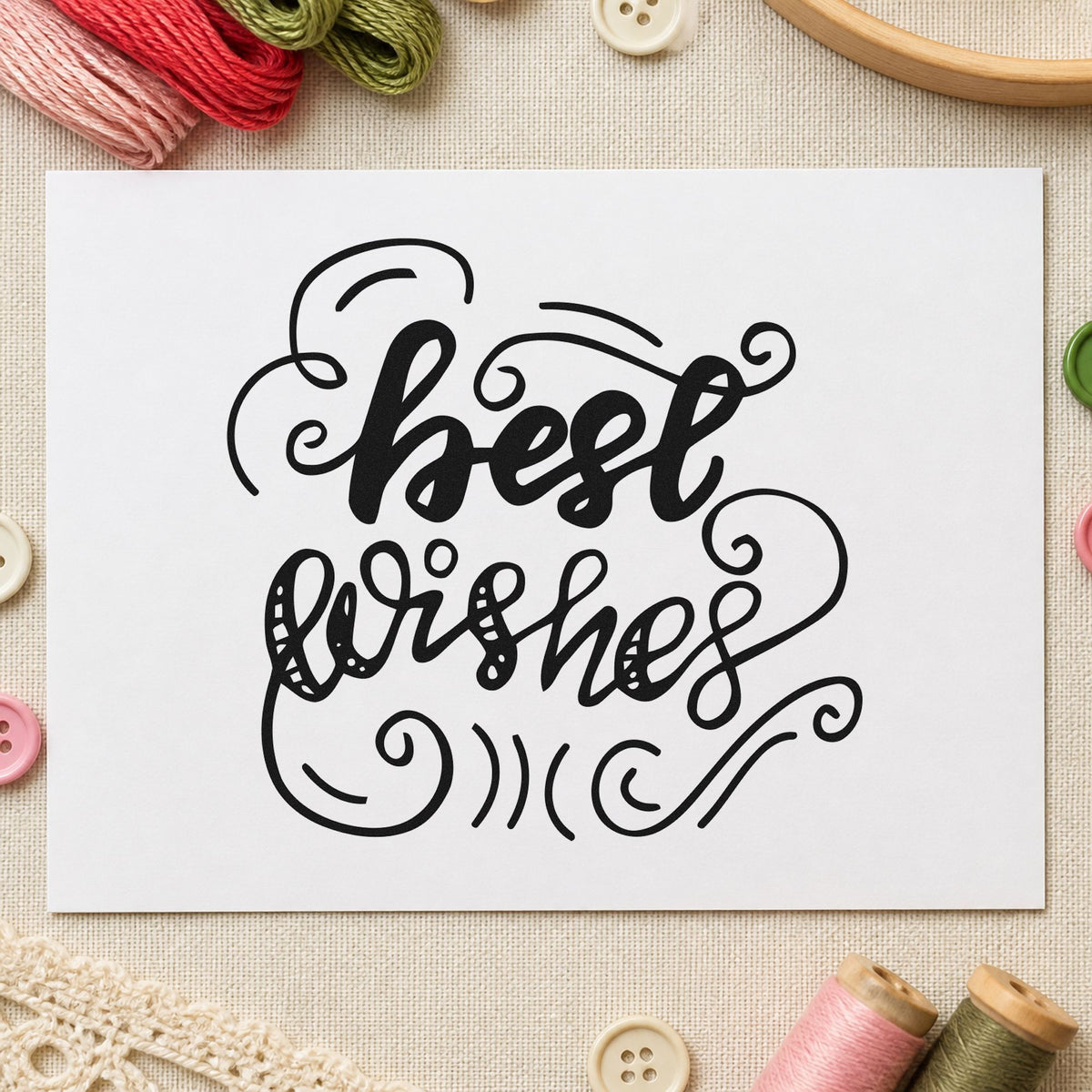 Best Wishes Curled Flourishes craft stamp in black ink on cardstock, an easy option for send off album page.
