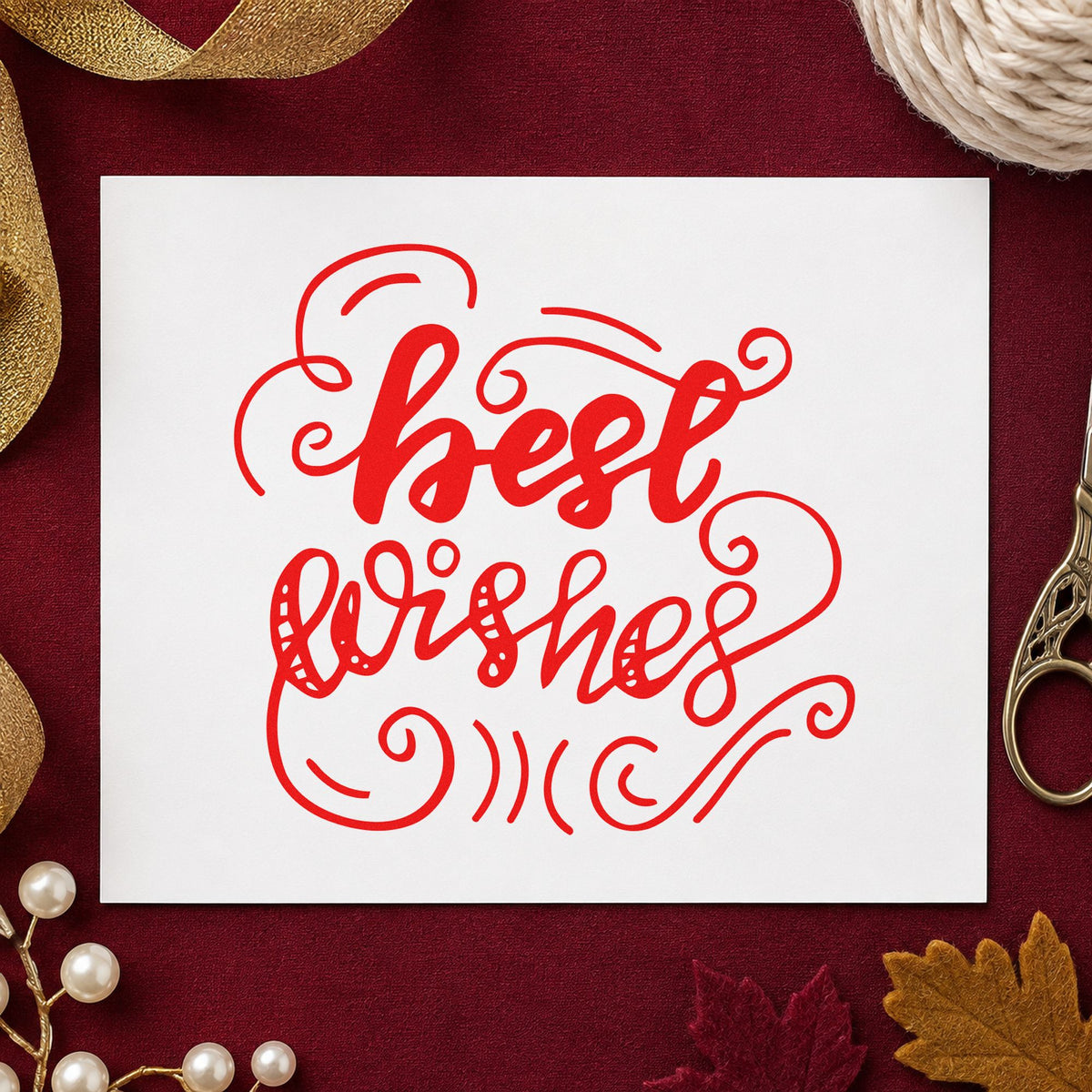 Best Wishes Curled Flourishes rubber stamp shown in red ink, stamped for projects such as bin party labels.