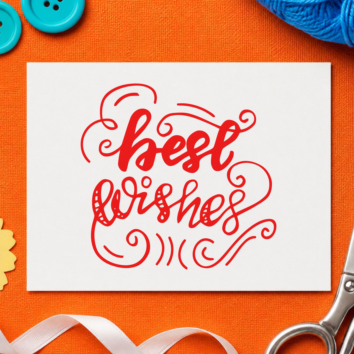 Best Wishes Curled Flourishes craft stamp imprint in red ink on a handmade project, one idea being group sign cards.