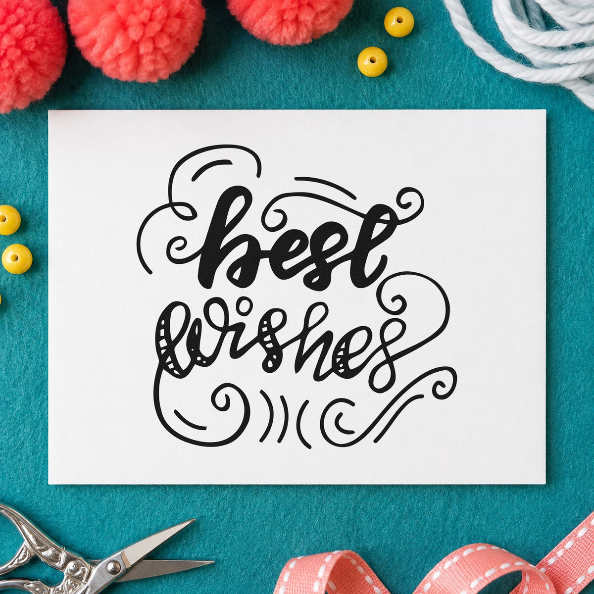 Best Wishes Curled Flourishes rubber stamp printed in black ink, ready for decorative curl cards and similar paper crafts.