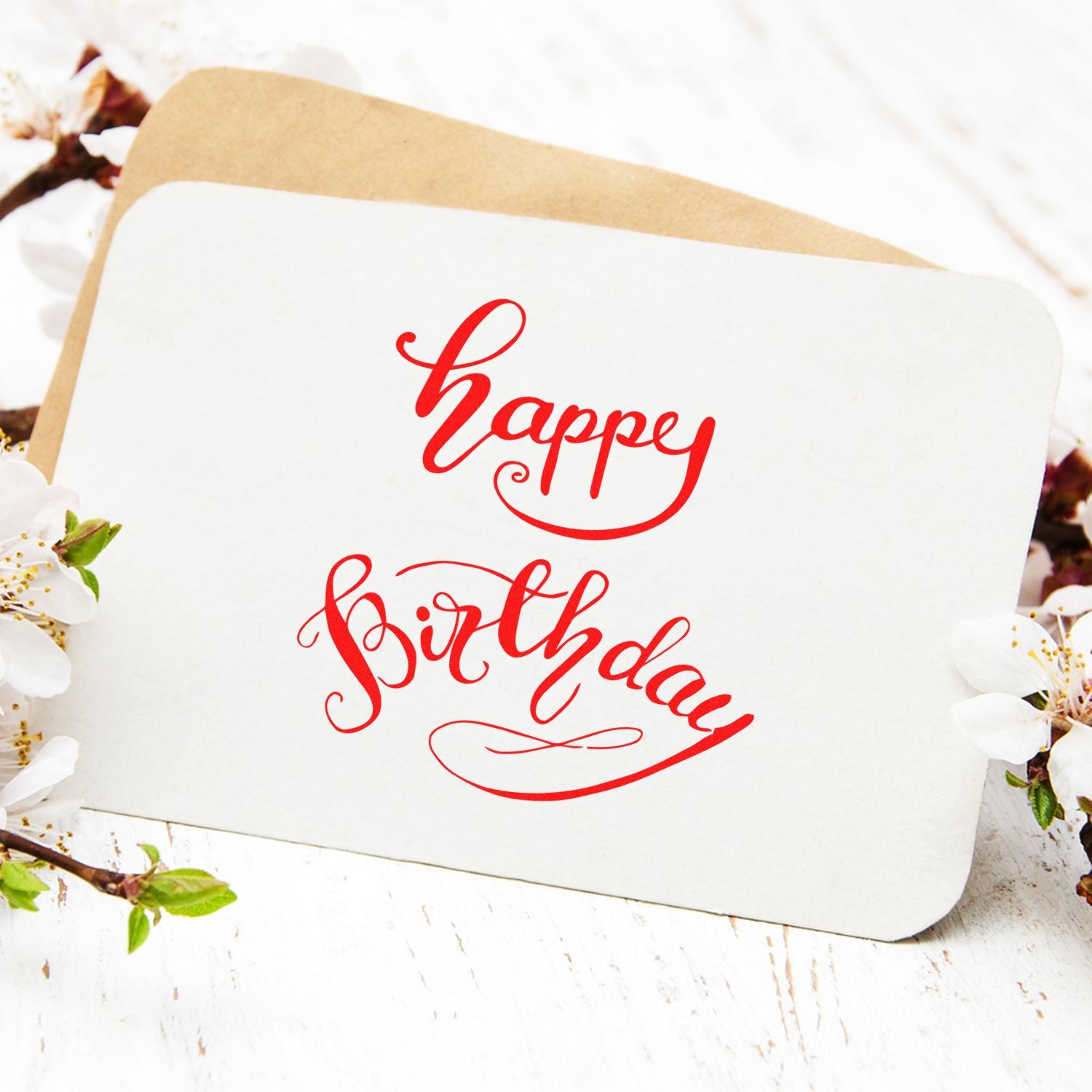 Happy Birthday rubber stamp in red script for handmade cards, invitations, and gift packaging