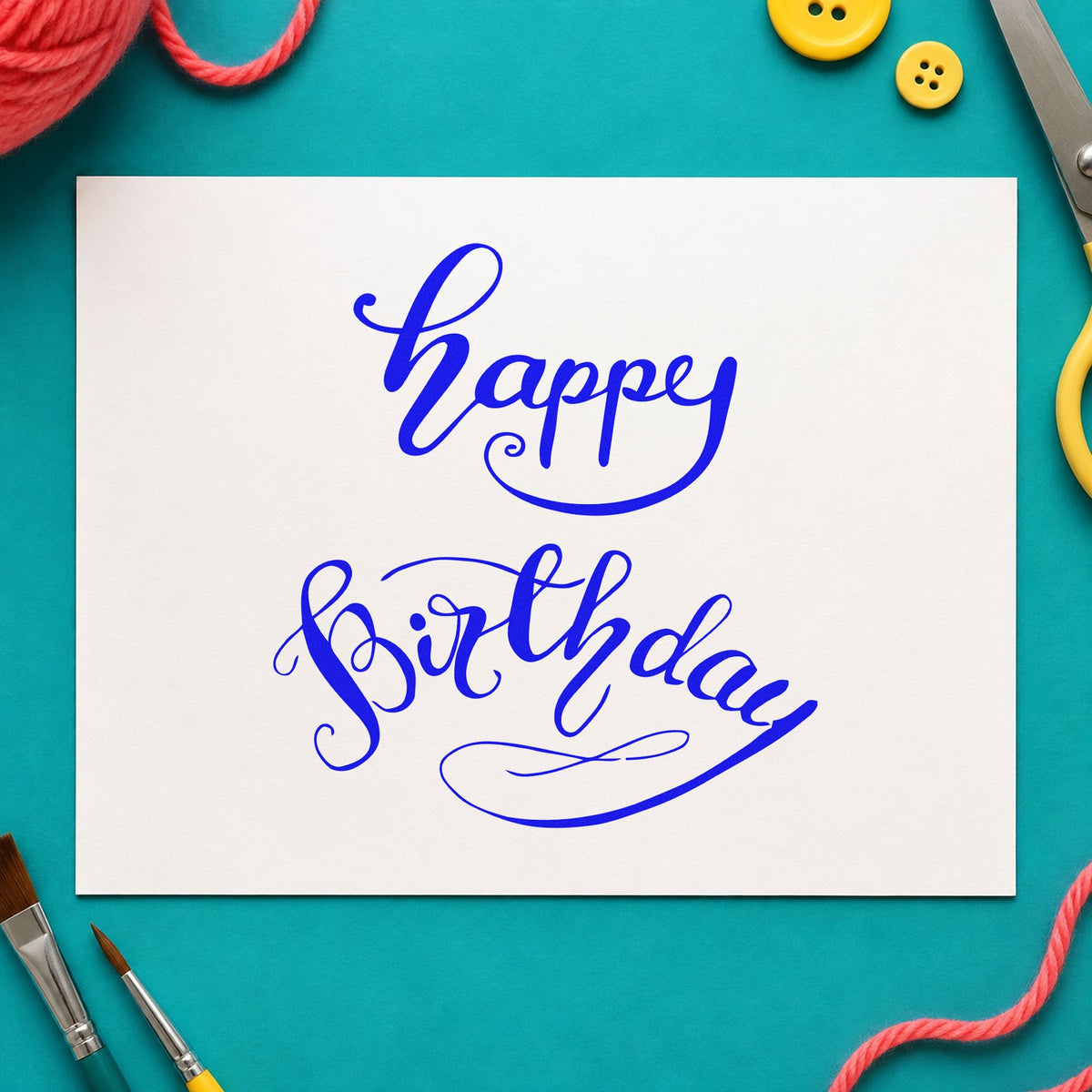 Happy Birthday Curved Script craft stamp in blue ink on cardstock, an easy option for book cover printing.