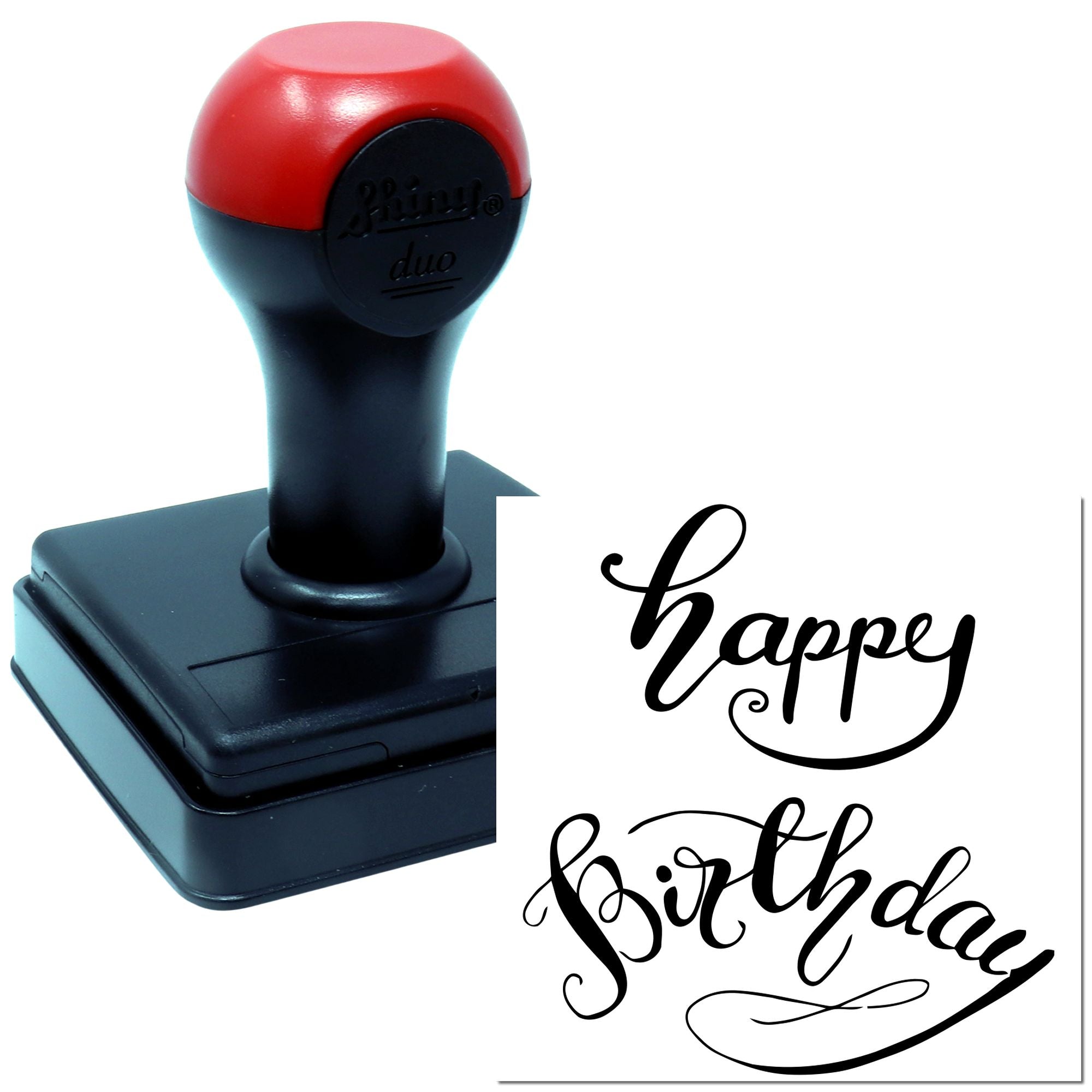 Custom self-inking rubber stamp with elegant Happy Birthday script for greeting cards, crafts, and birthday stationery.