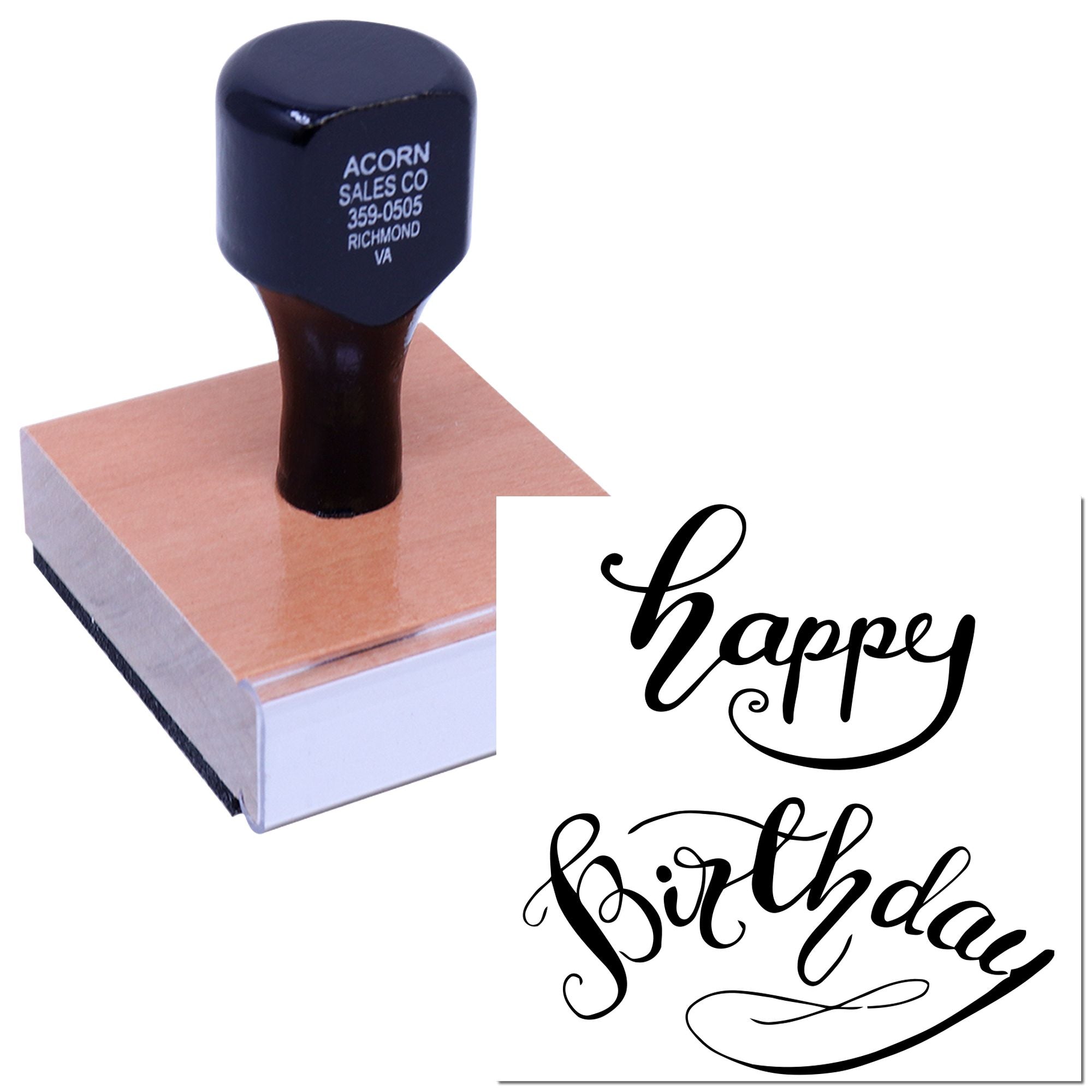 Happy Birthday rubber stamp in elegant script, ideal for cards, invitations, gift packaging, and handmade business branding.