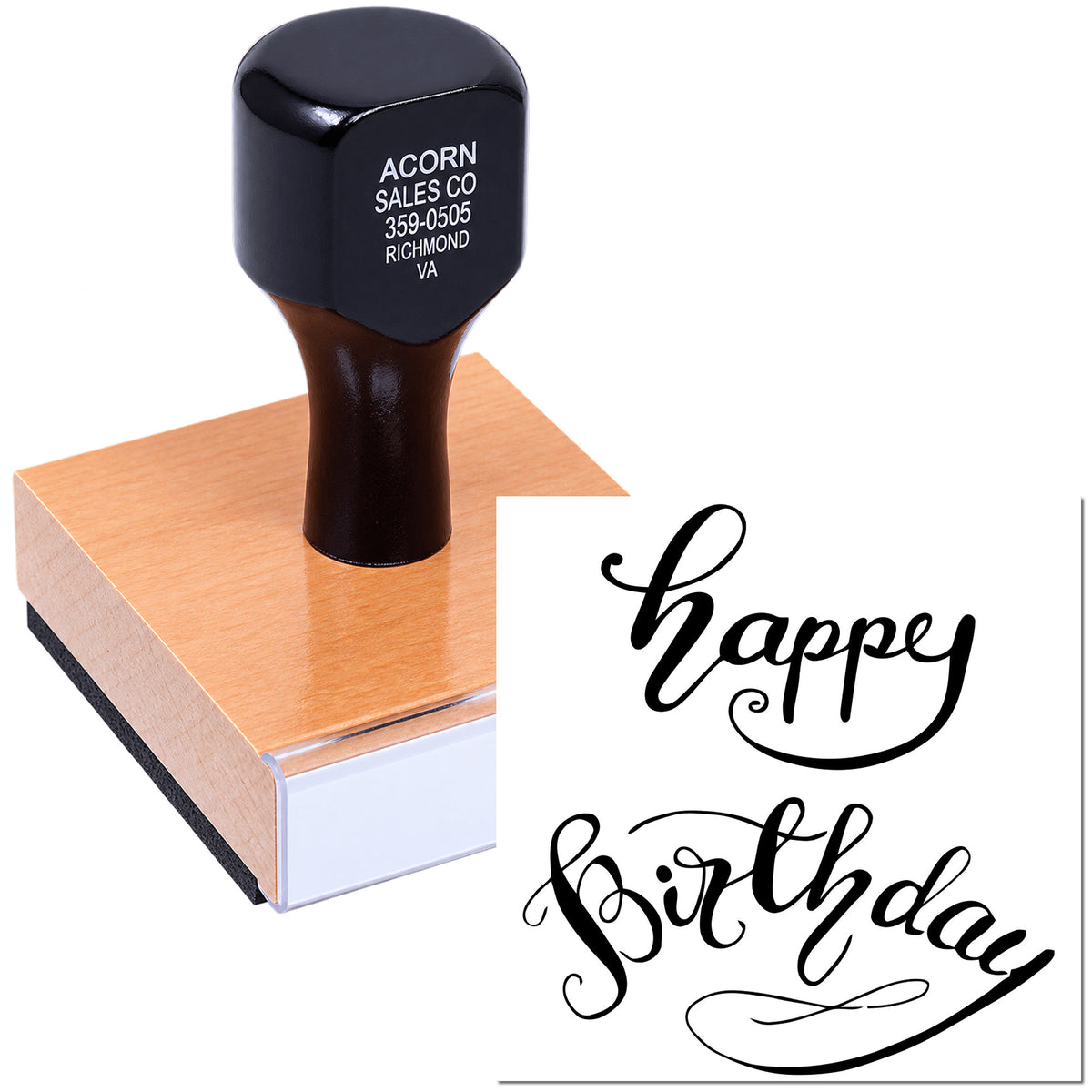 Happy Birthday rubber stamp in elegant script, ideal for cards, invitations, gift packaging, and handmade business branding.