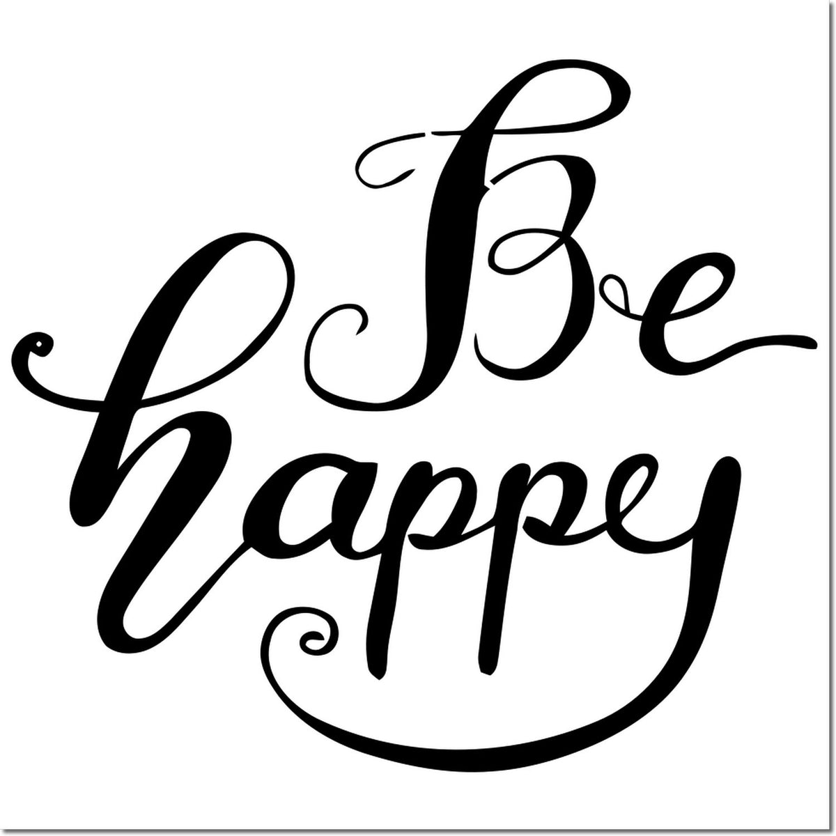 Be Happy calligraphy rubber stamp design for inspirational crafts, handmade cards, scrapbooking, and journaling.