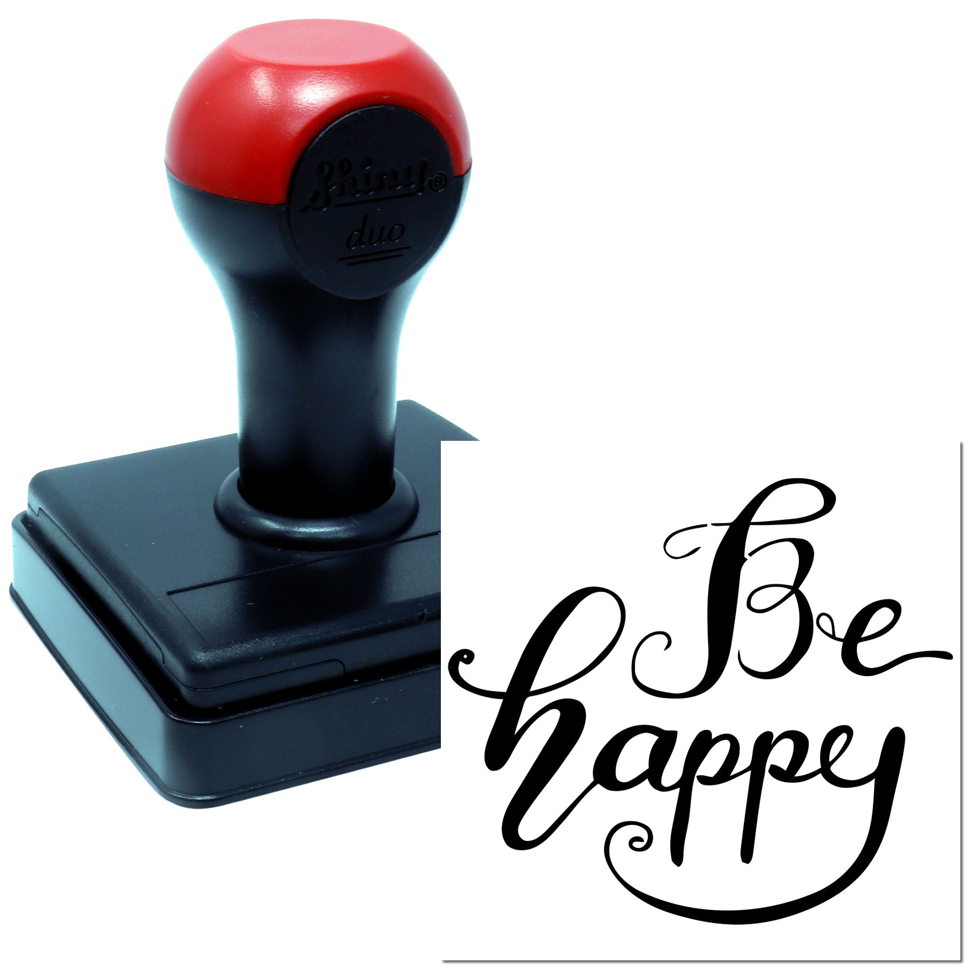 Self-inking rubber stamp with be happy script design for crafts, cards, and personalized projects.