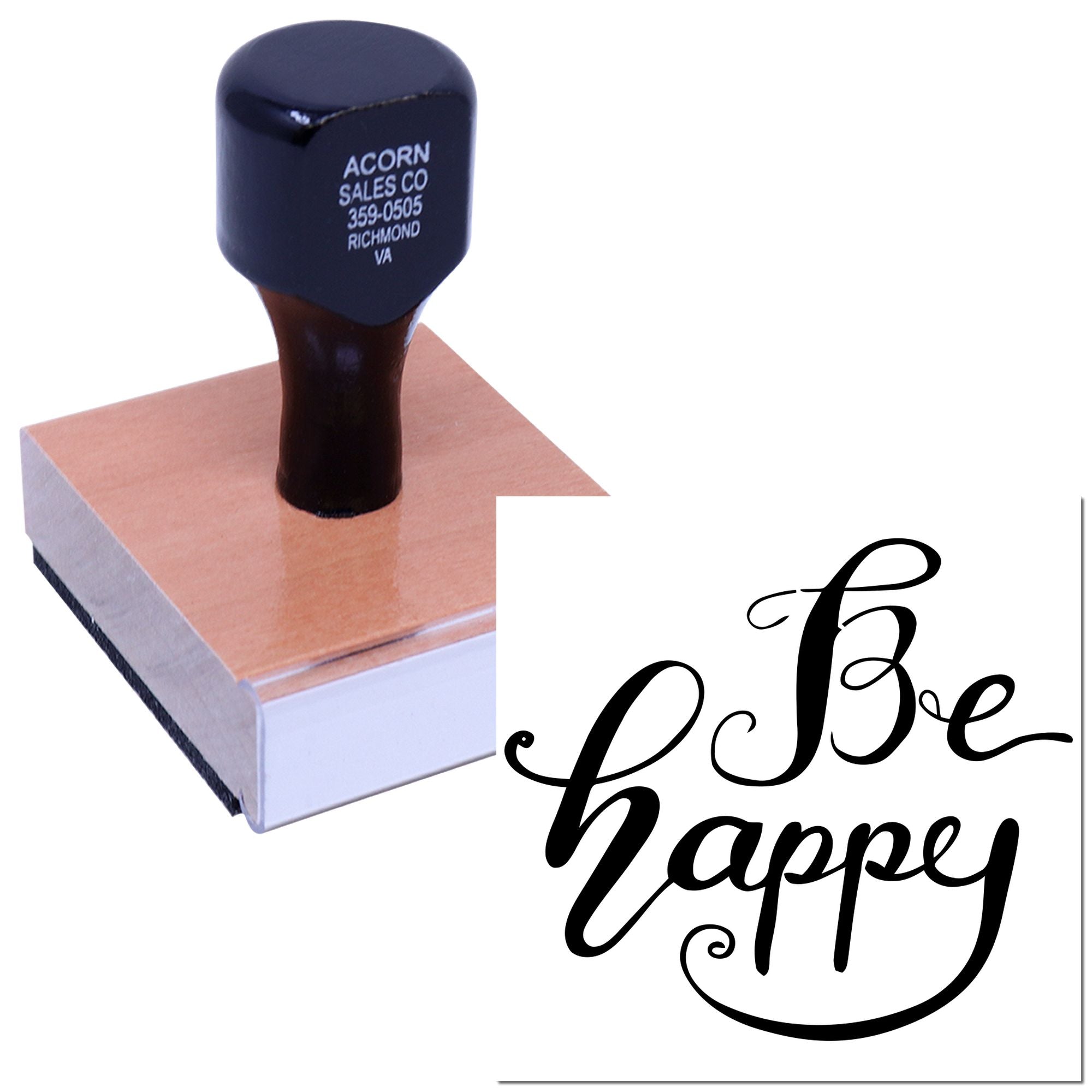 Custom rubber stamp with Be Happy script design on a wooden block for branding, cards, and stationery.