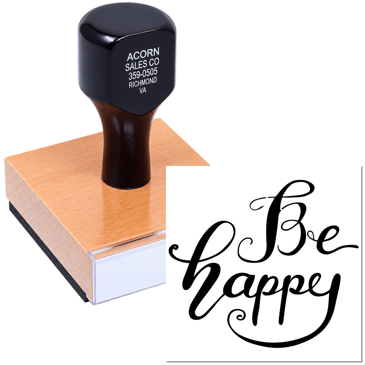 Custom rubber stamp with Be Happy script design on a wooden block for branding, cards, and stationery.