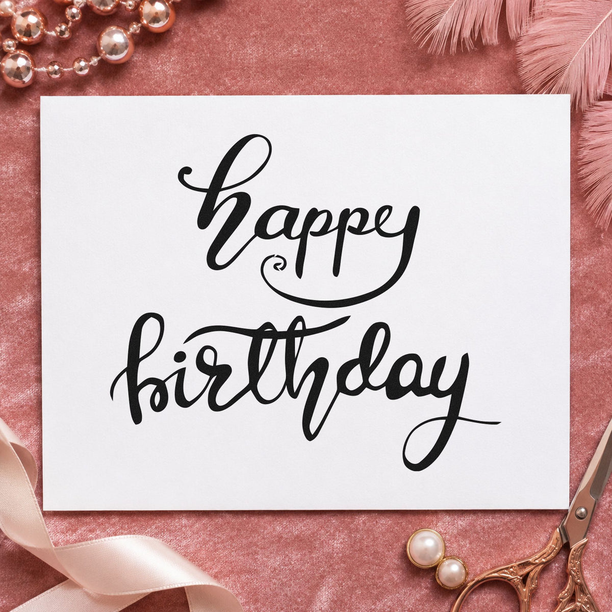 Happy Birthday Fine Flourishes craft stamp in black ink on cardstock, an easy option for line year album page.