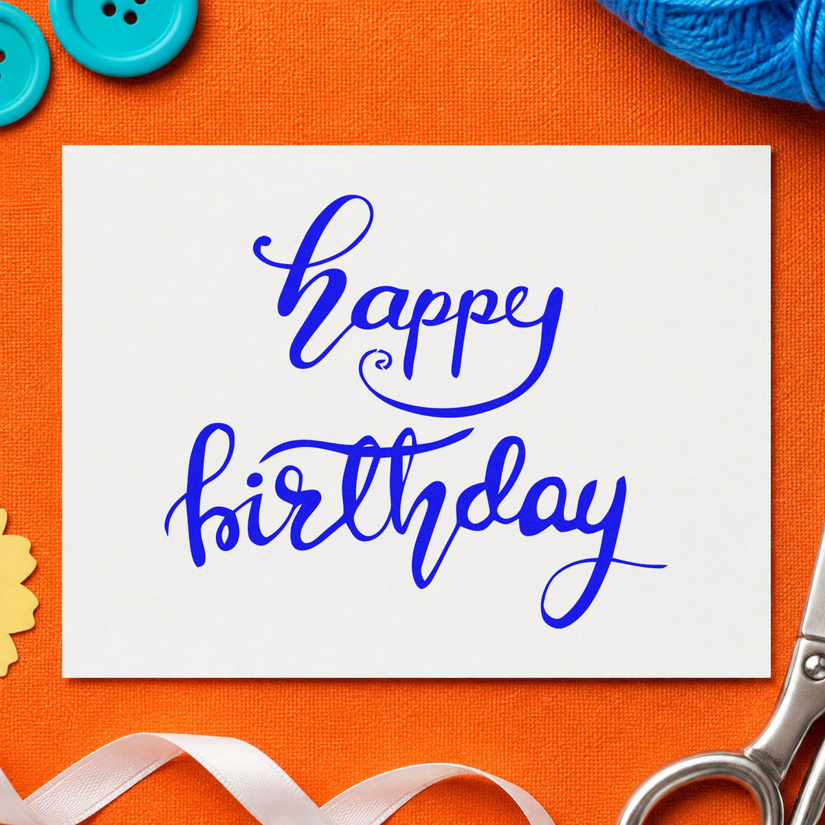 Happy Birthday Fine Flourishes craft stamp imprinted in blue ink on paper, a design suited to framed studio desk.