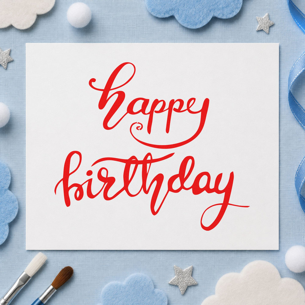Happy Birthday Fine Flourishes rubber stamp shown in red ink, stamped for projects such as drawer range labels.