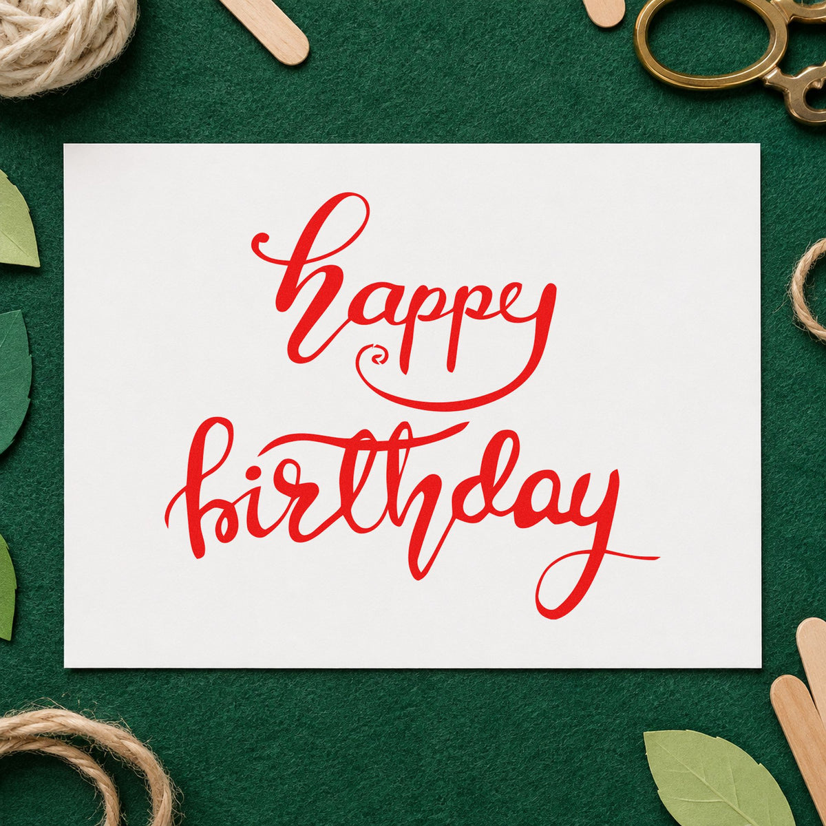 Happy Birthday Fine Flourishes craft stamp imprint in red ink on a handmade project, one idea being wholesale info cards.