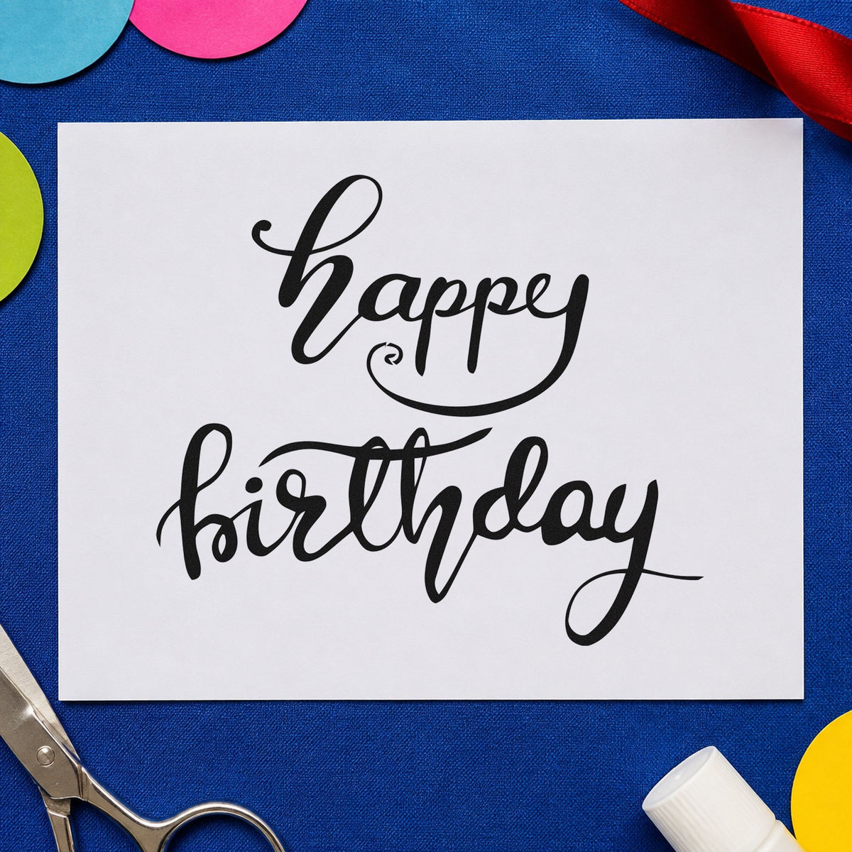 Happy Birthday Fine Flourishes rubber stamp printed in black ink, ready for delicate loop cards and similar paper crafts.