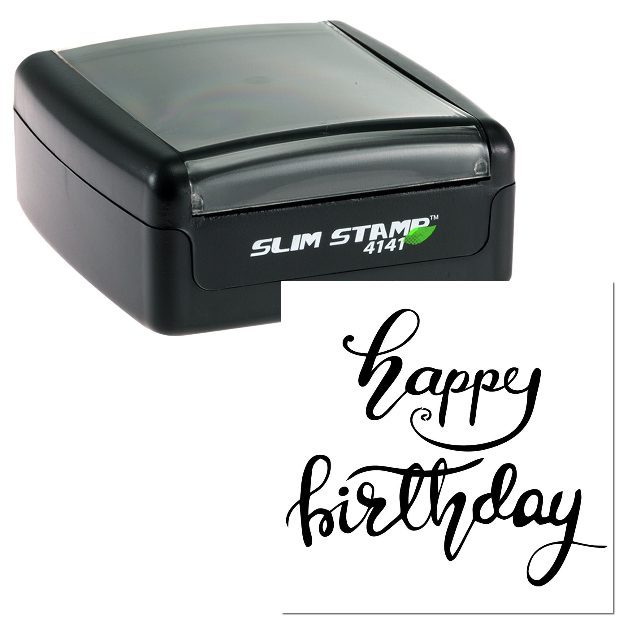 Happy Birthday rubber stamp with slim self-inking design, ideal for adding custom birthday greetings to cards, gifts, and packaging.