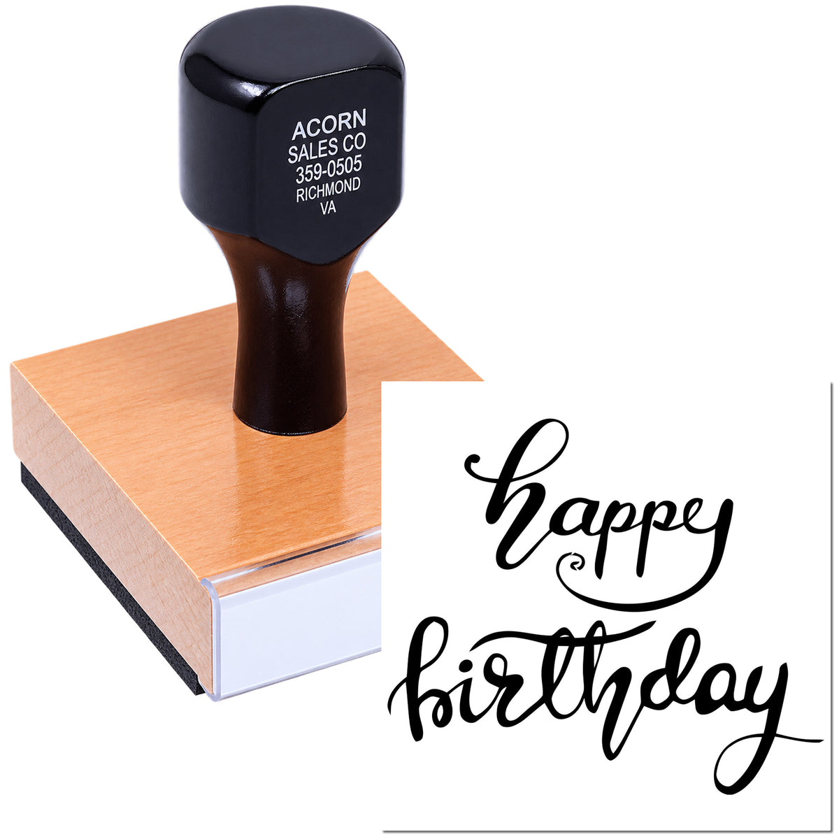 Custom happy birthday rubber stamp for cards, invitations, and craft projects with elegant script lettering.
