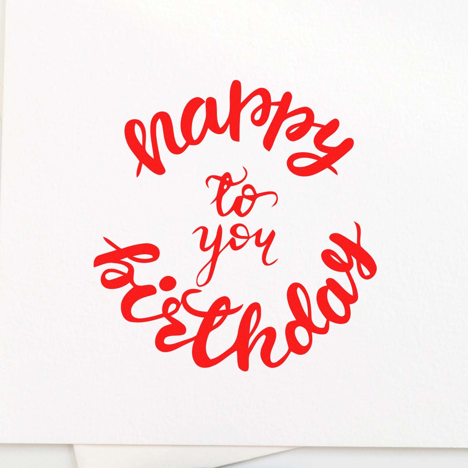 Festive red cursive greeting rubber stamp design for handmade cards, scrapbooking, and custom craft packaging.