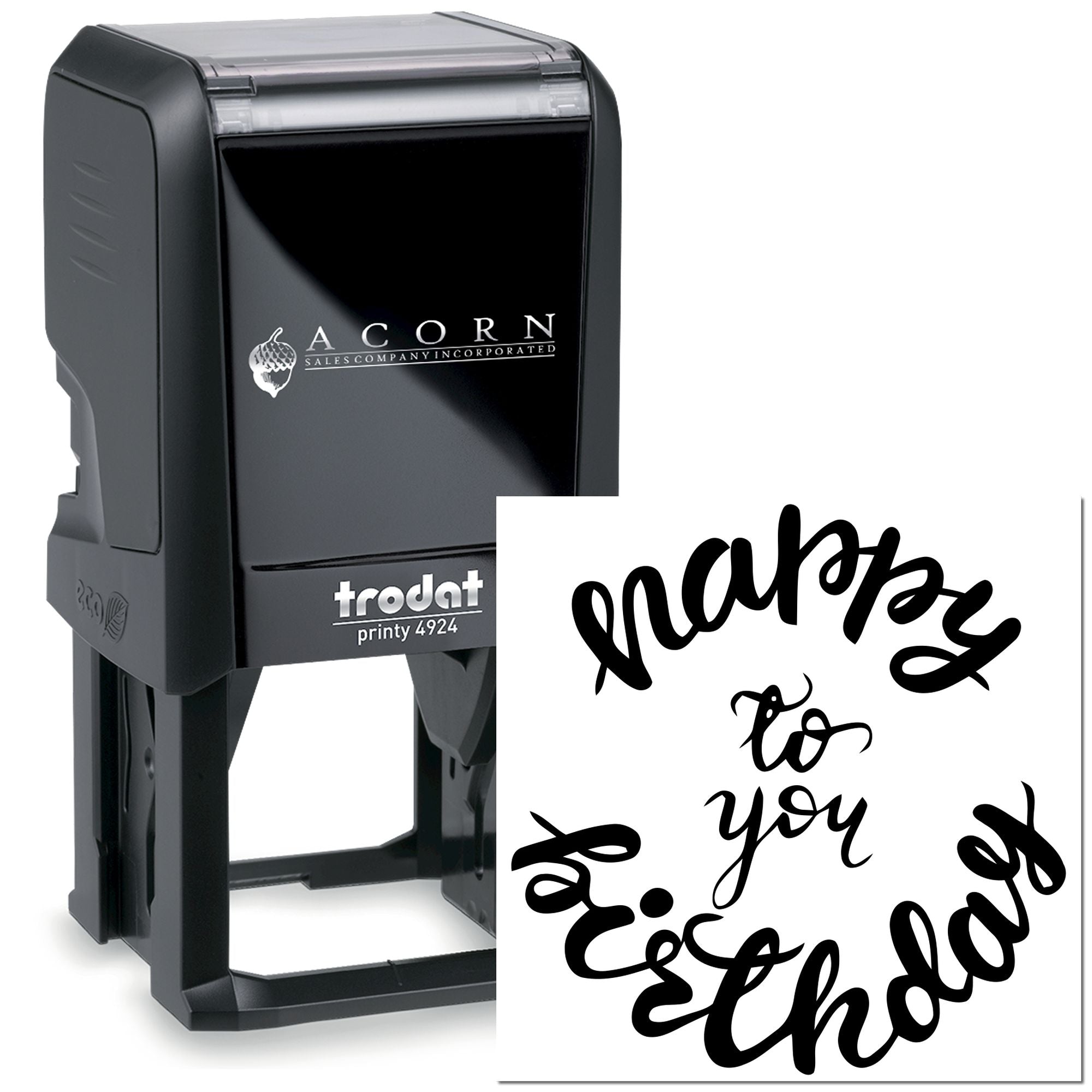 Trodat Printy 4924 self-inking rubber stamp with custom Acorn Sales Company logo and cursive imprint.