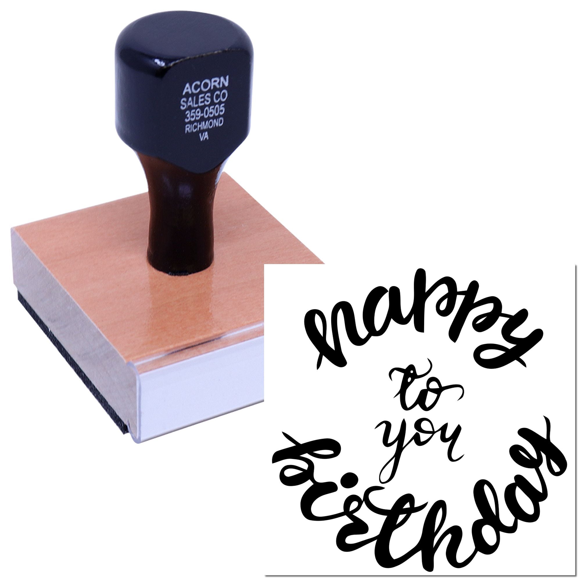 Custom rubber stamp with business name and address, shown pressing a decorative script imprint for branding and personalized use.