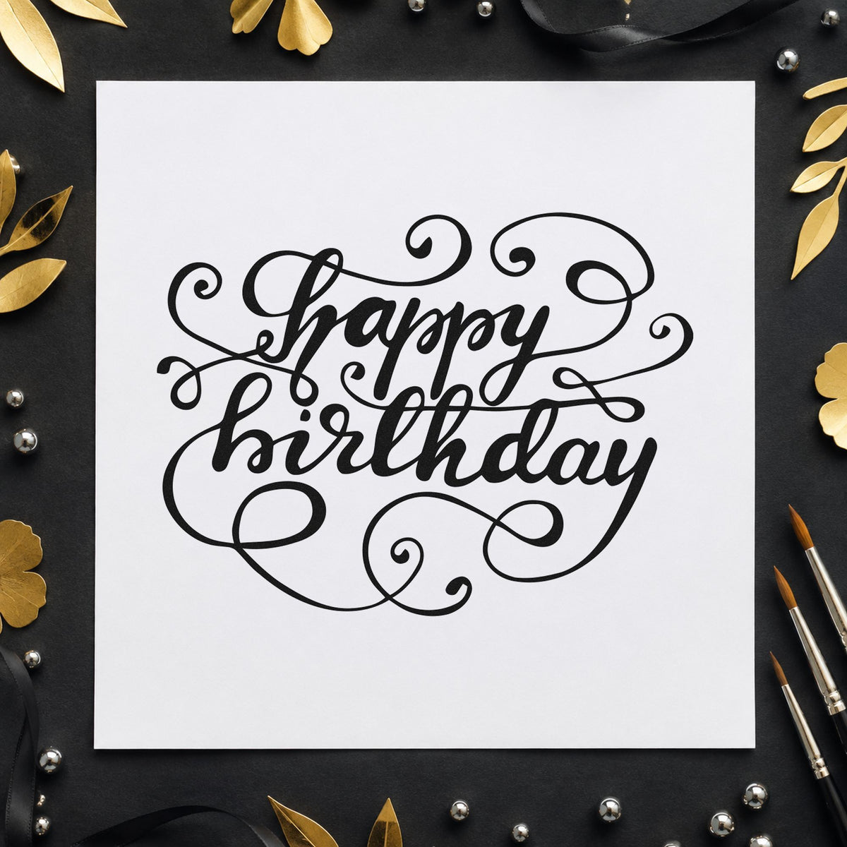 Happy Birthday Ornate Loops craft stamp in black ink on cardstock, an easy option for elder year album page.