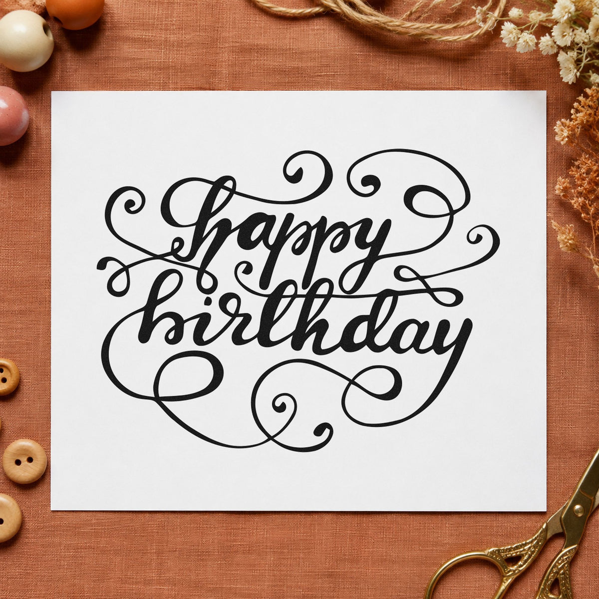 Happy Birthday Ornate Loops rubber stamp printed in black ink, ready for life timeline sheet and similar paper crafts.
